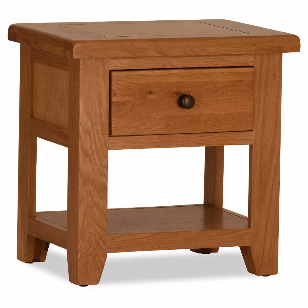 Oak bedside table with single drawer and lower shelf, modern wooden nightstand design