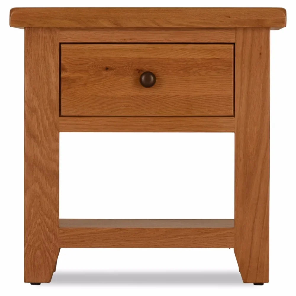 oak lamp table with single drawer and lower shelf, front view