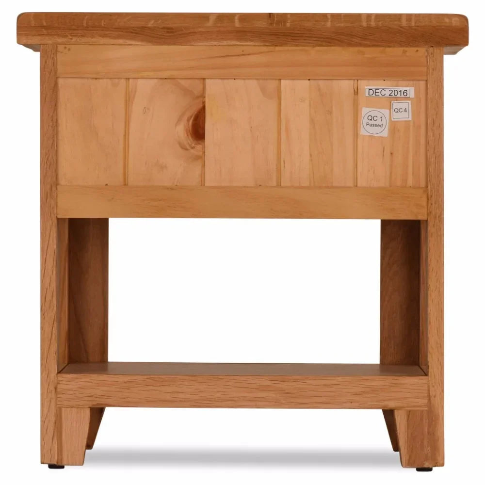 Oak lamp table with lower shelf and visible wood grain, straight front view