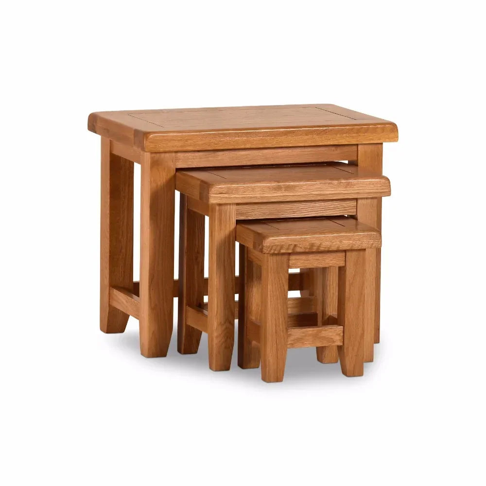 Solid oak nest of three tables with square legs and natural wood finish