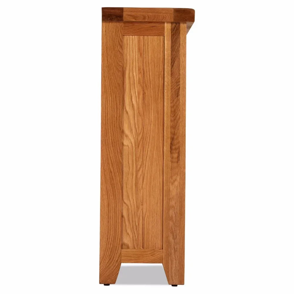 Side view of oak console table showing natural wood grain and sturdy frame