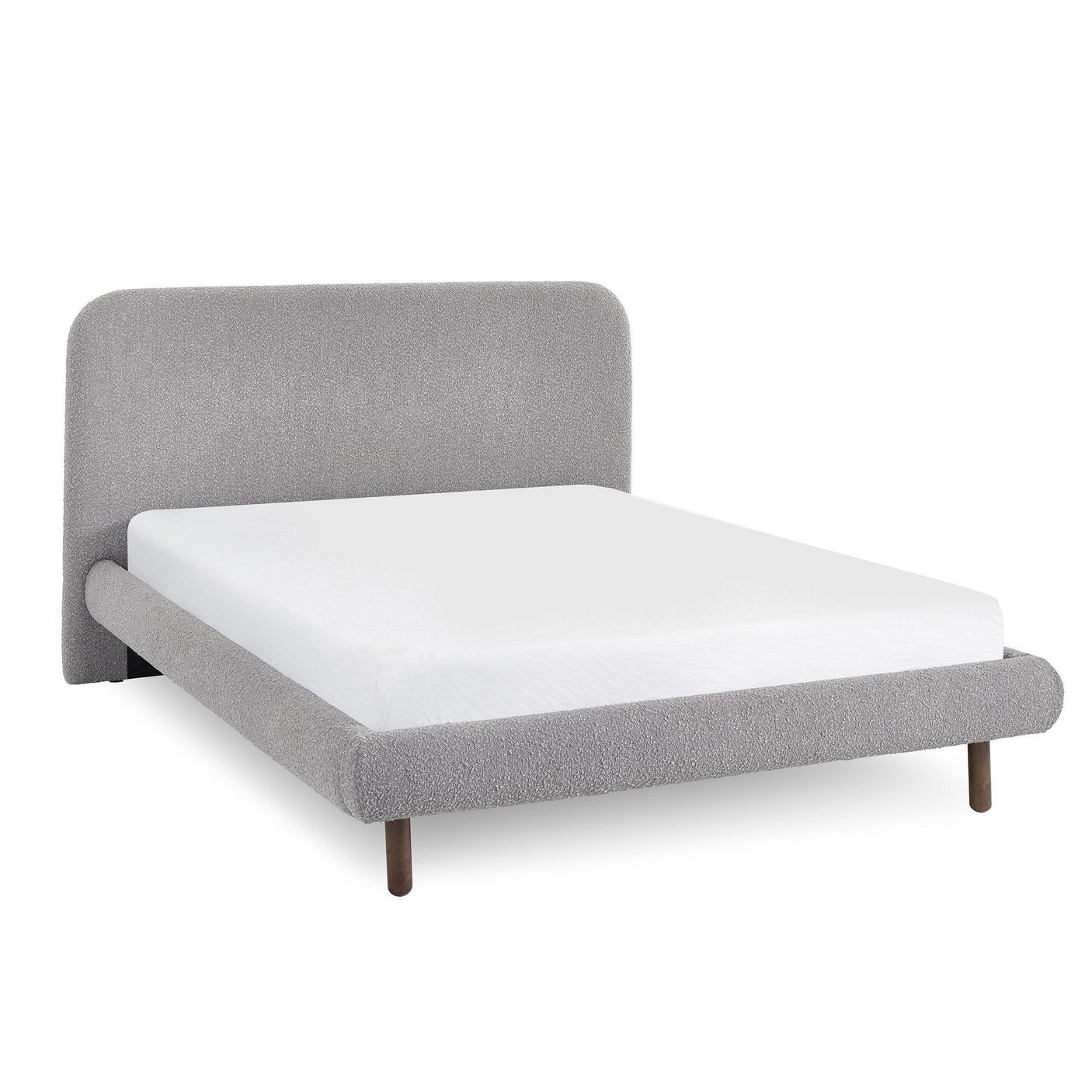 Grey upholstered bed frame with rounded headboard and wooden legs, mattress included