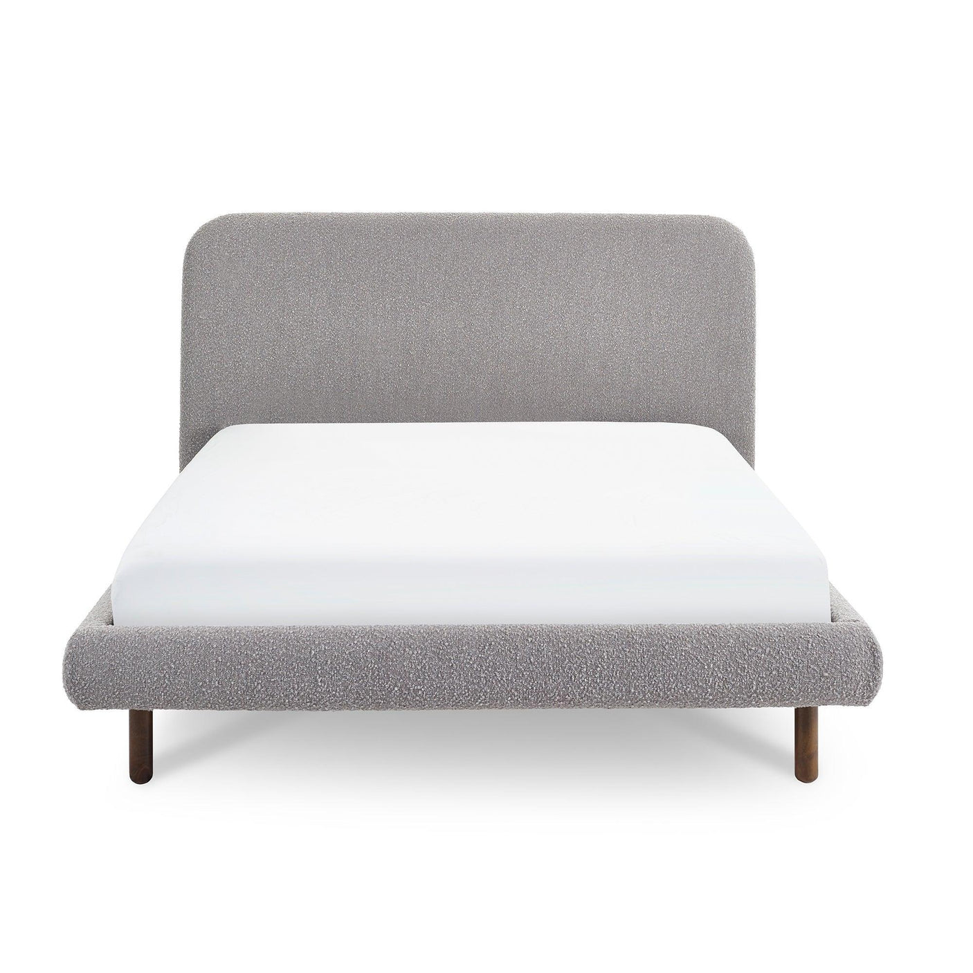 Modern grey upholstered bed frame with rounded headboard and wooden legs, front view