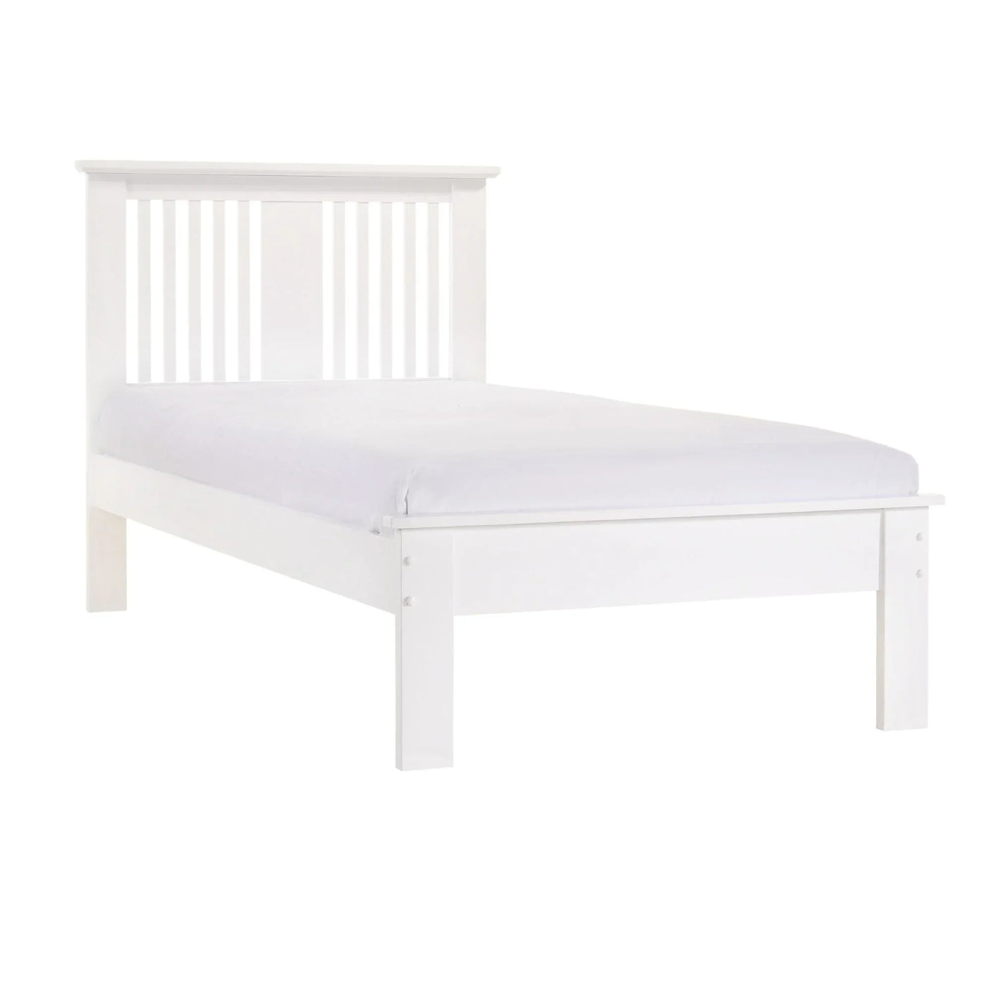 White wooden bed frame with slatted headboard and white mattress, front angle view