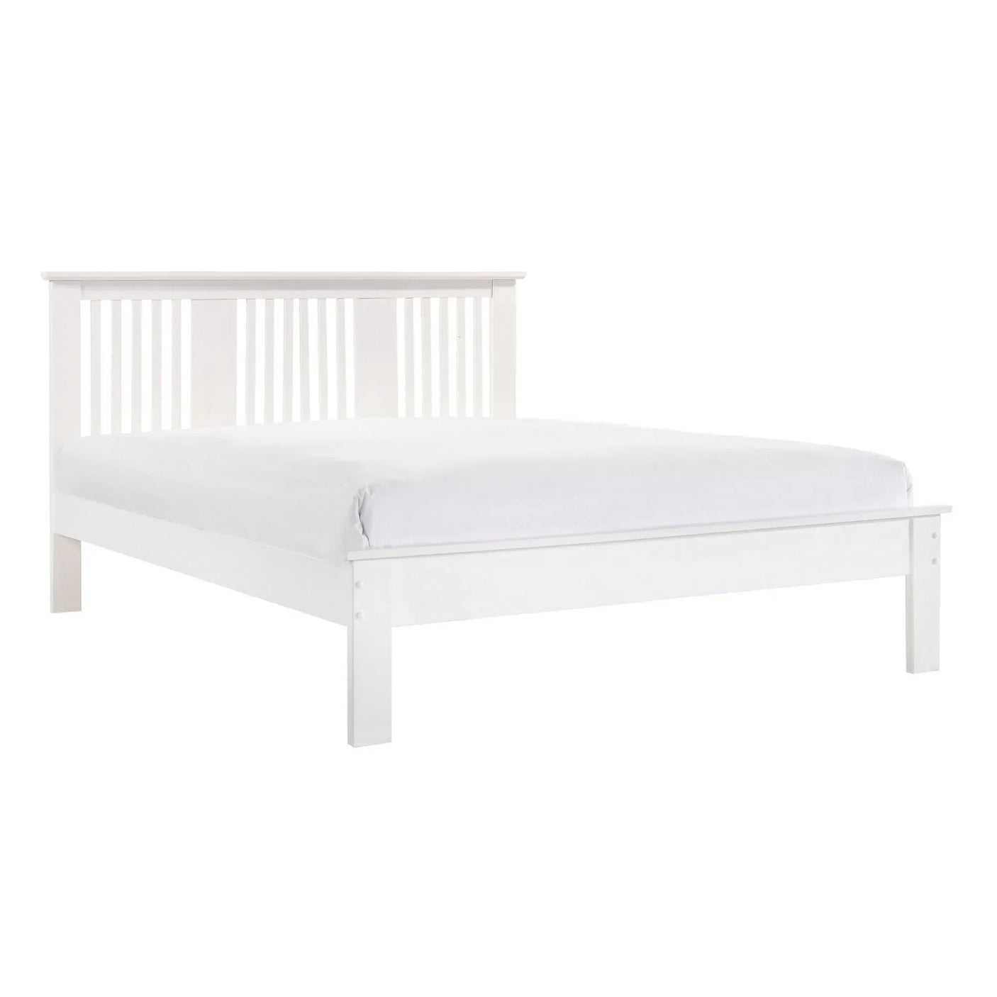 White wooden bed frame with slatted headboard and plain mattress, front angle view