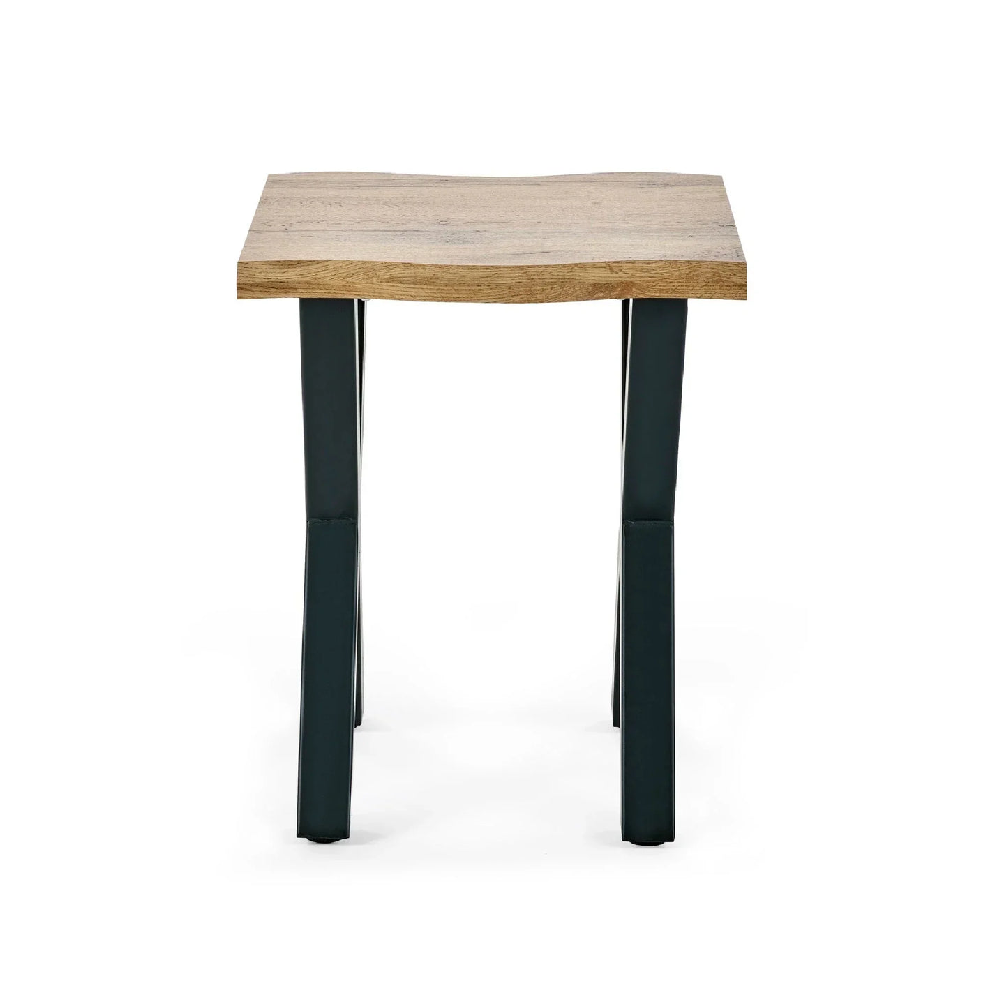 lamp table with natural wood top and black metal legs, front angle view