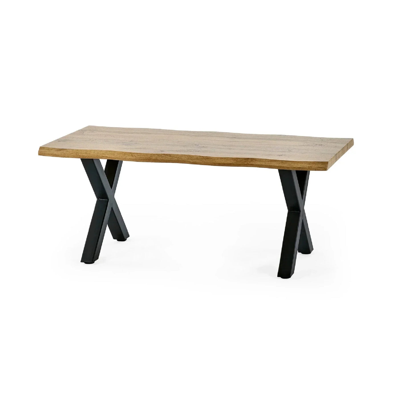 Rectangular coffee table with natural wood top and black metal X-shaped legs