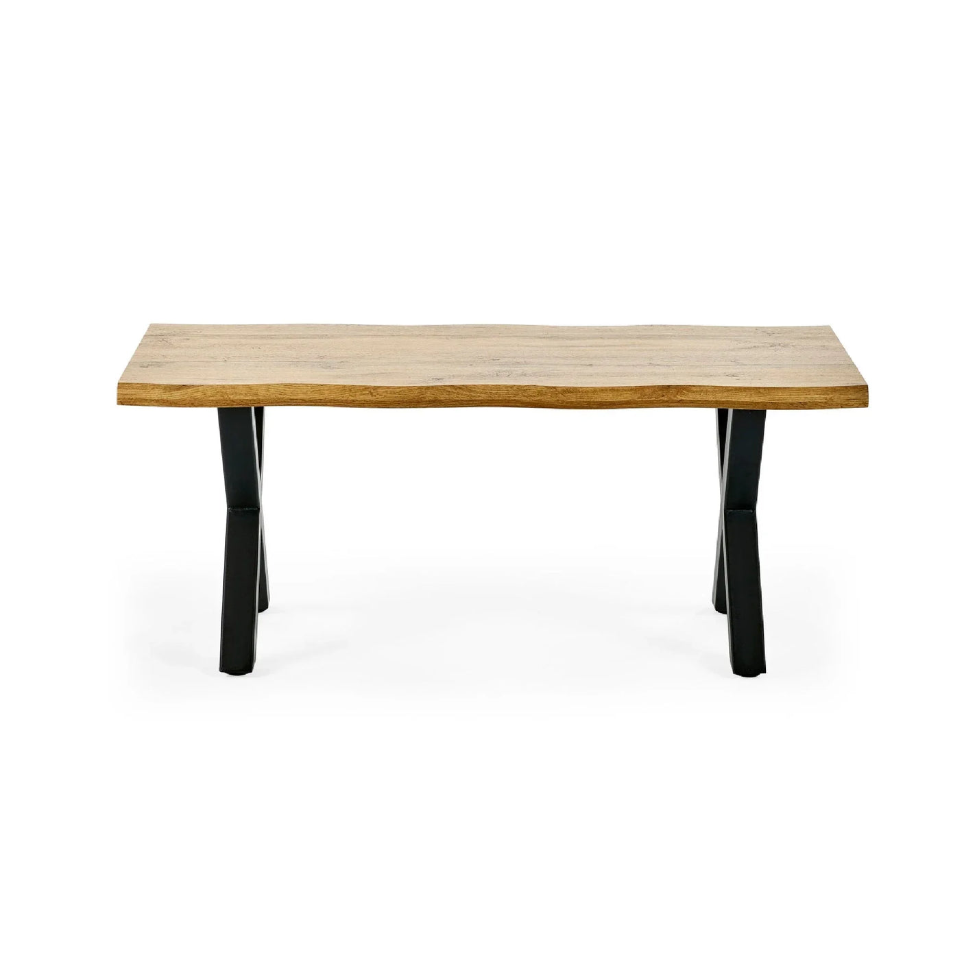 Rectangular coffee table with natural wood top and black metal legs on white background