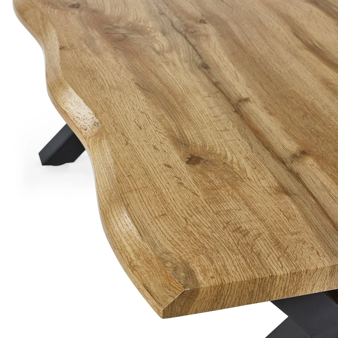 Live edge coffee table with natural wood grain and black metal leg detail