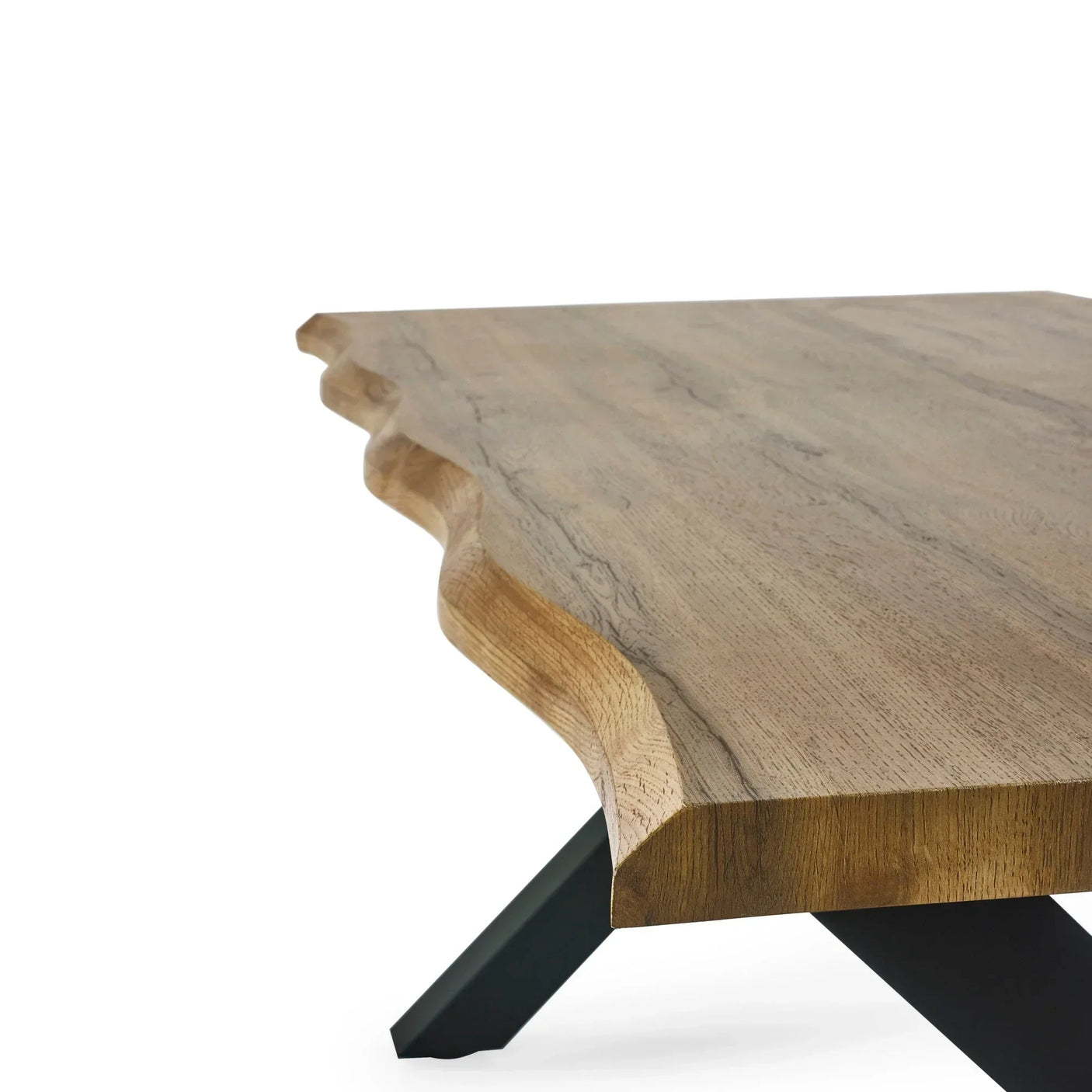 Live edge coffee table with natural wood grain and black metal legs detail view