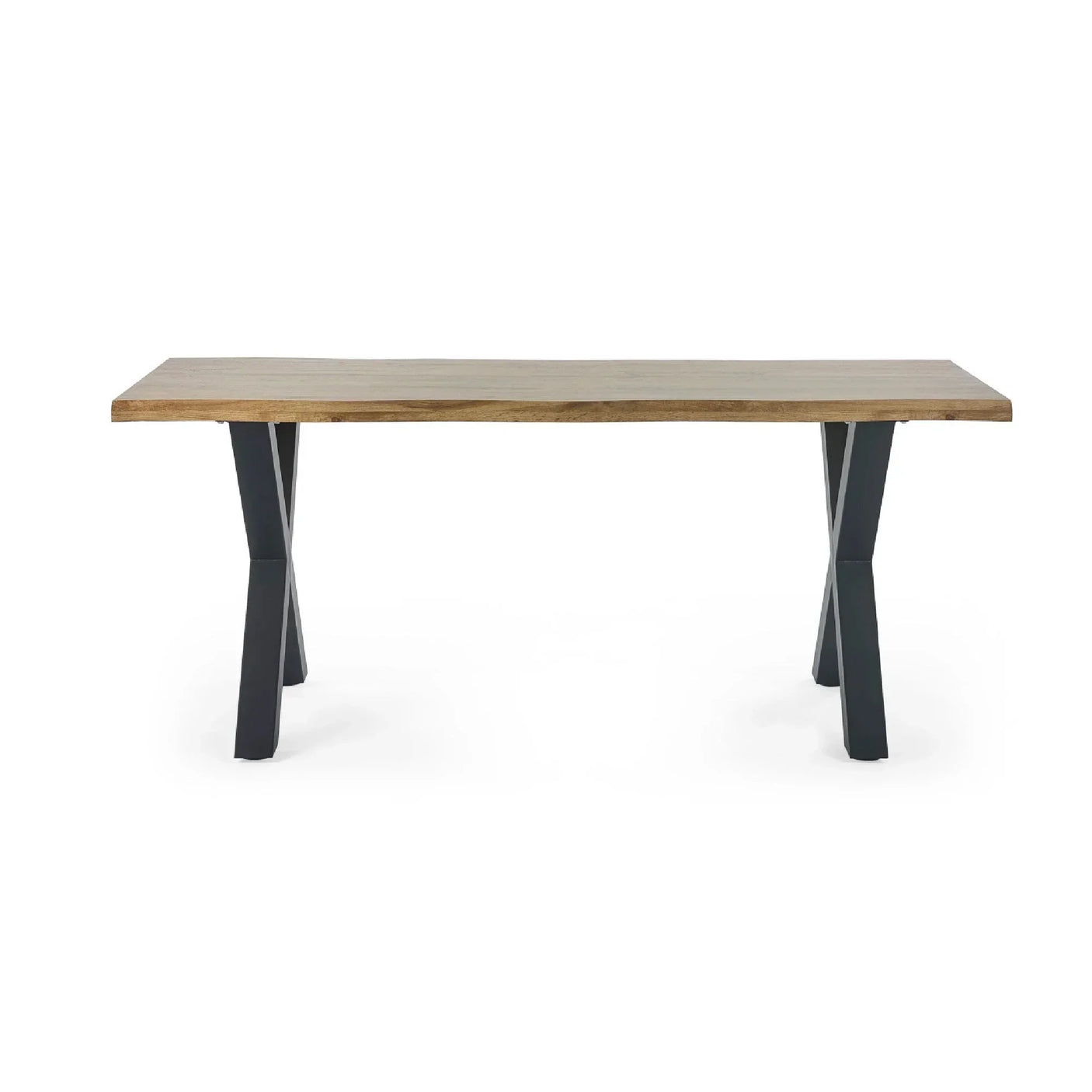 Rectangular wooden dining table with black metal legs and natural finish, front view