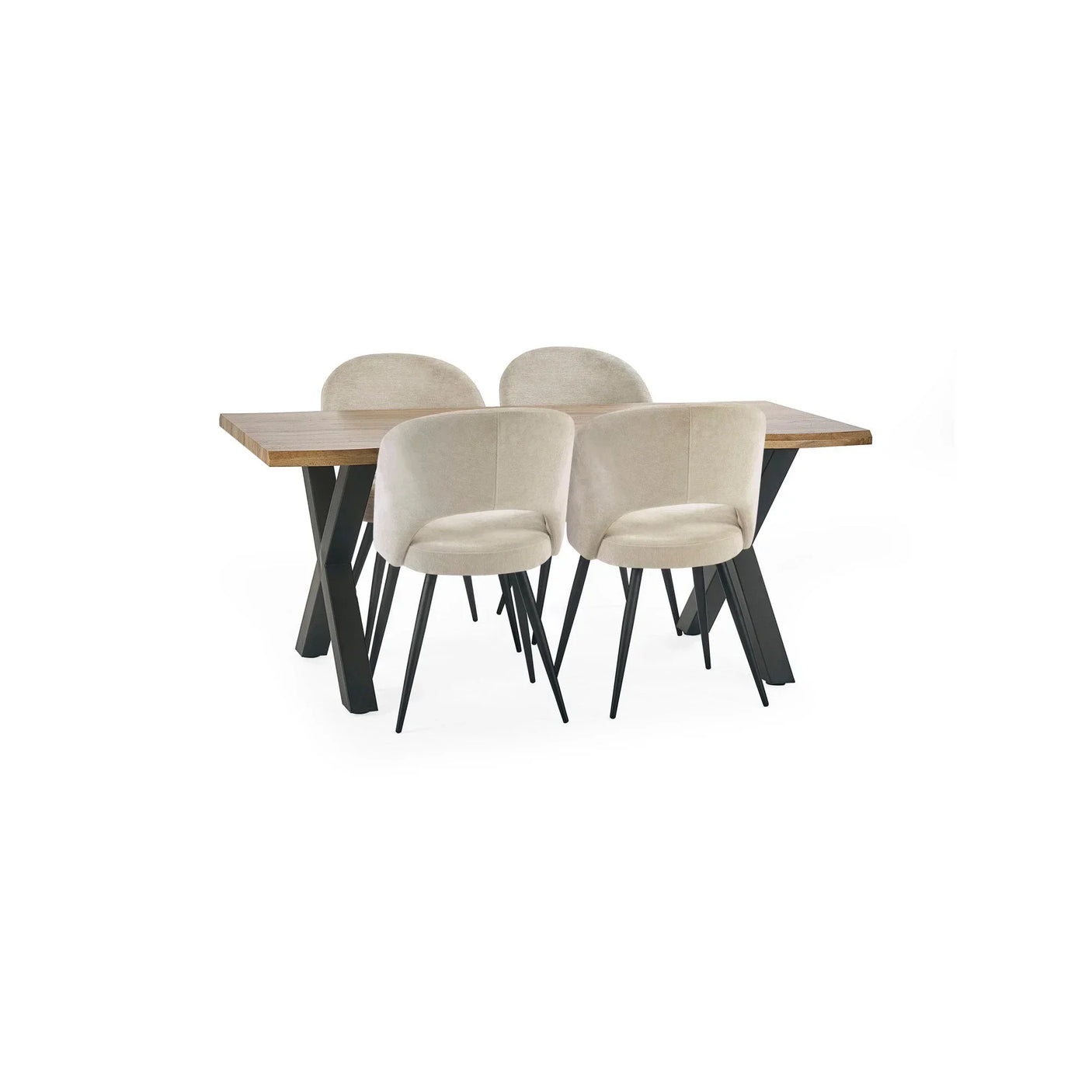 Dining table set with four beige velvet chairs and wood top table with black metal legs