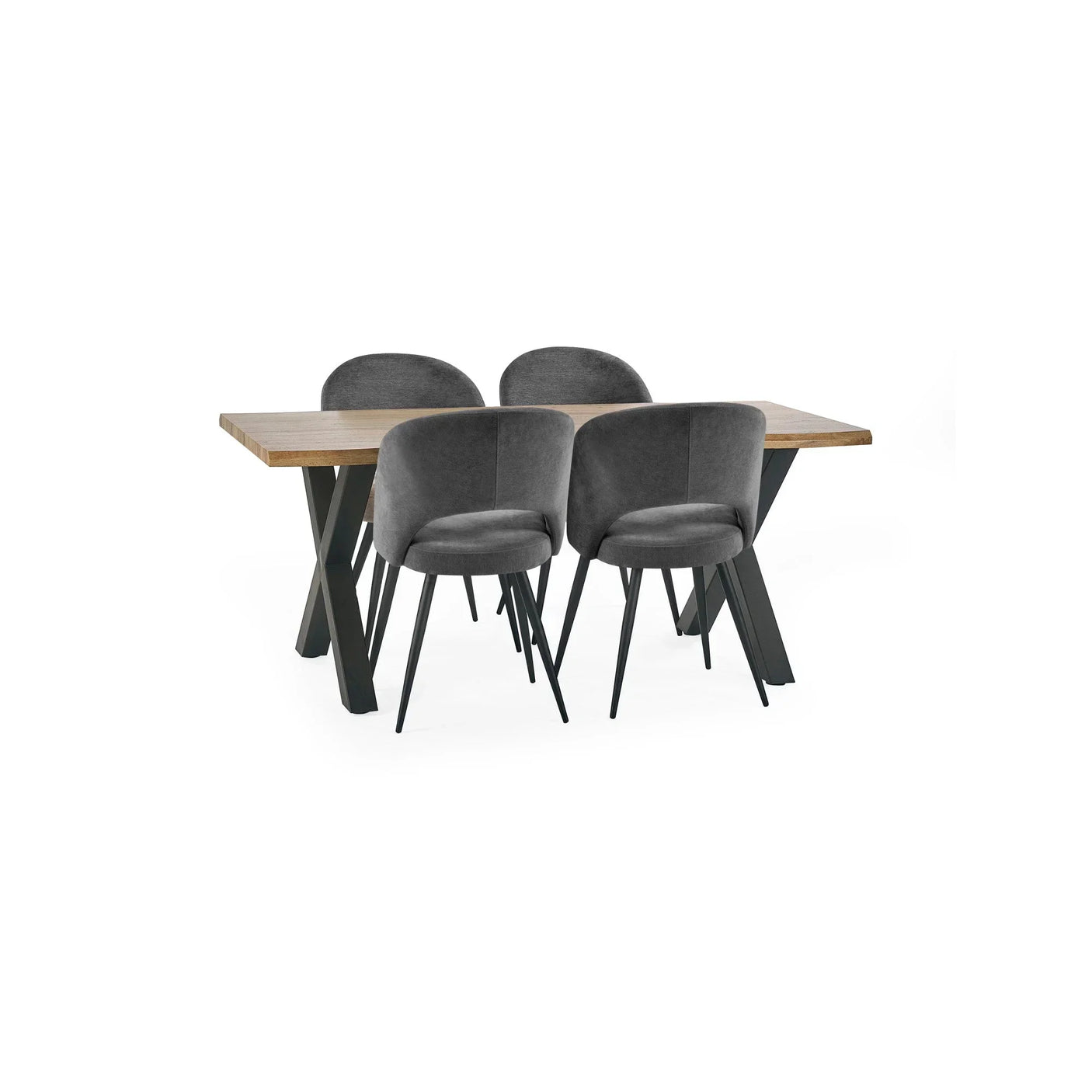 Wood dining table with black metal legs and four grey dining chairs