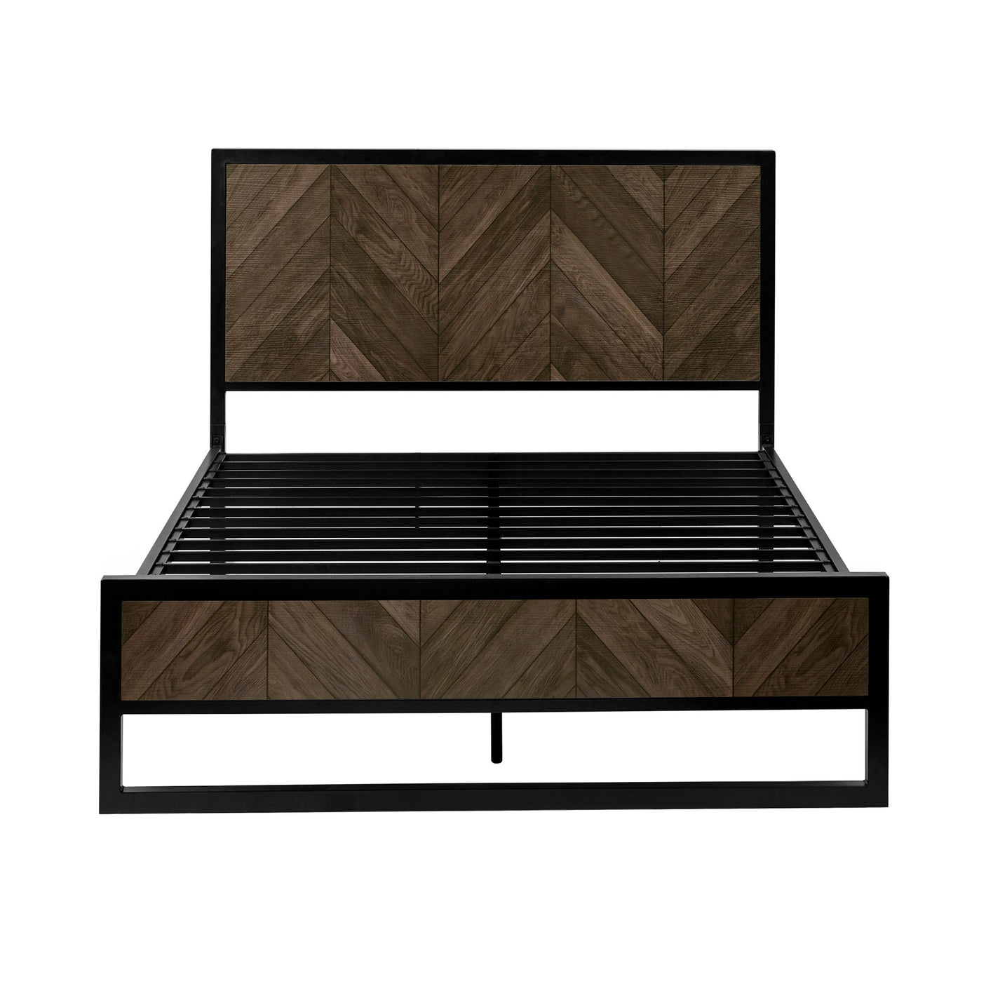 Empty herringbone bed frame showing side profile with black metal base and dark wood panels on white background