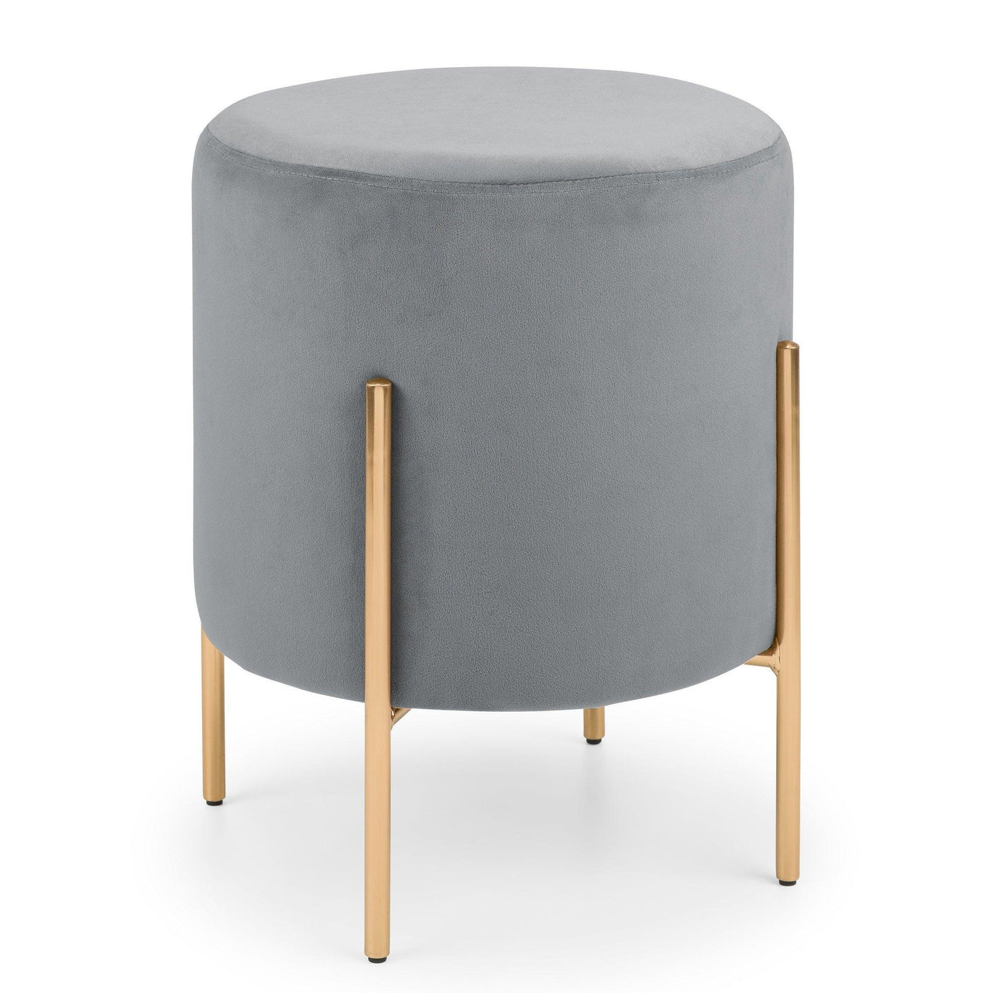 Grey upholstered stool with gold metal legs, round seat design on white background