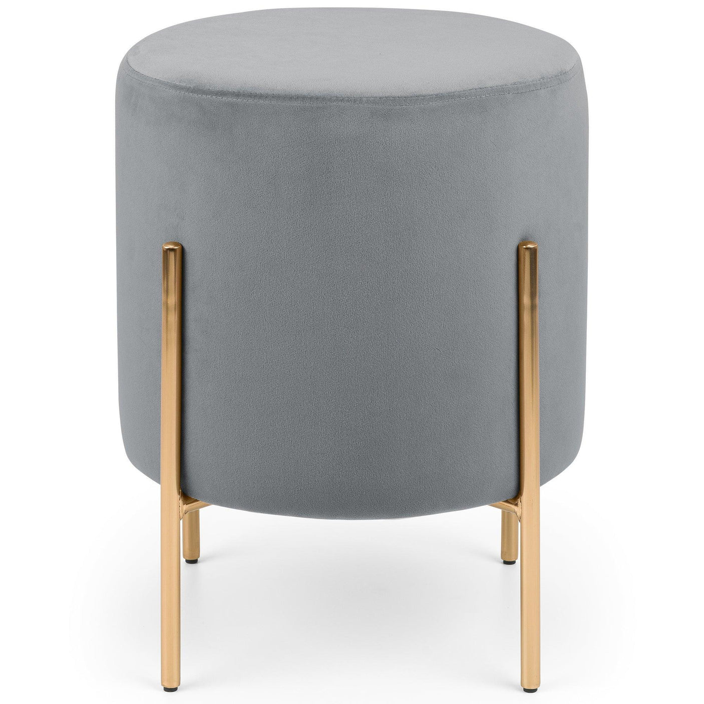 Grey velvet stool with round seat and gold metal legs on white background