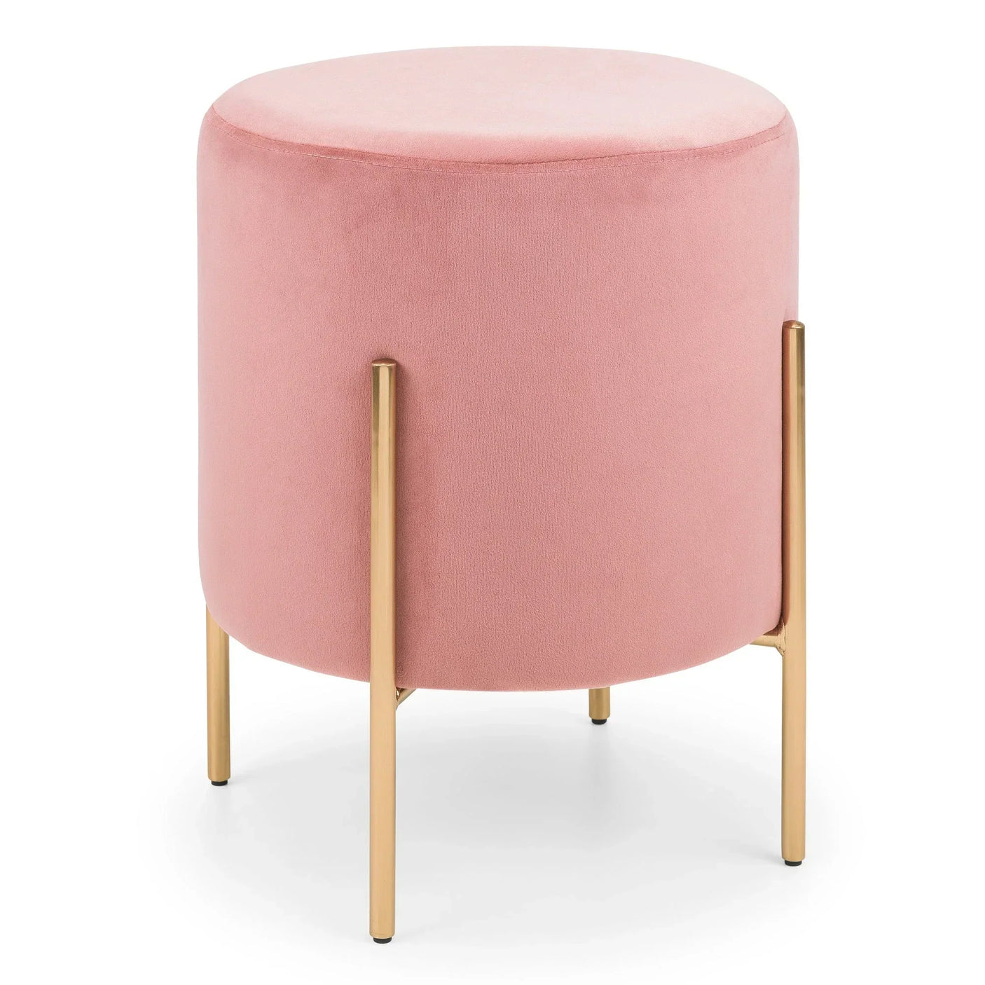 Pink velvet stool with round seat and gold metal legs on white background