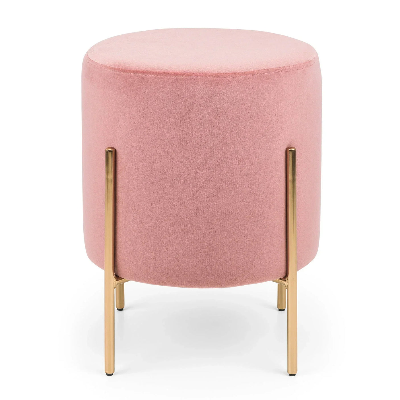 Pink velvet stool with gold metal legs, round seat, minimalist design on white background