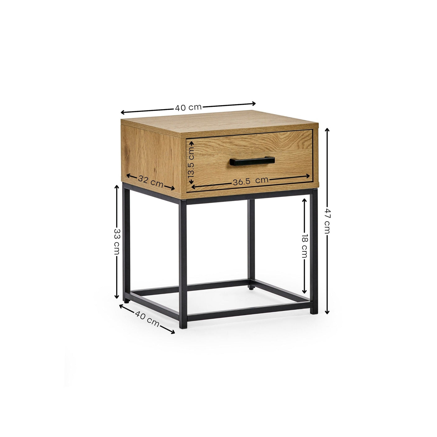 Oak bedside table with black metal frame, single drawer and visible dimensions in centimeters