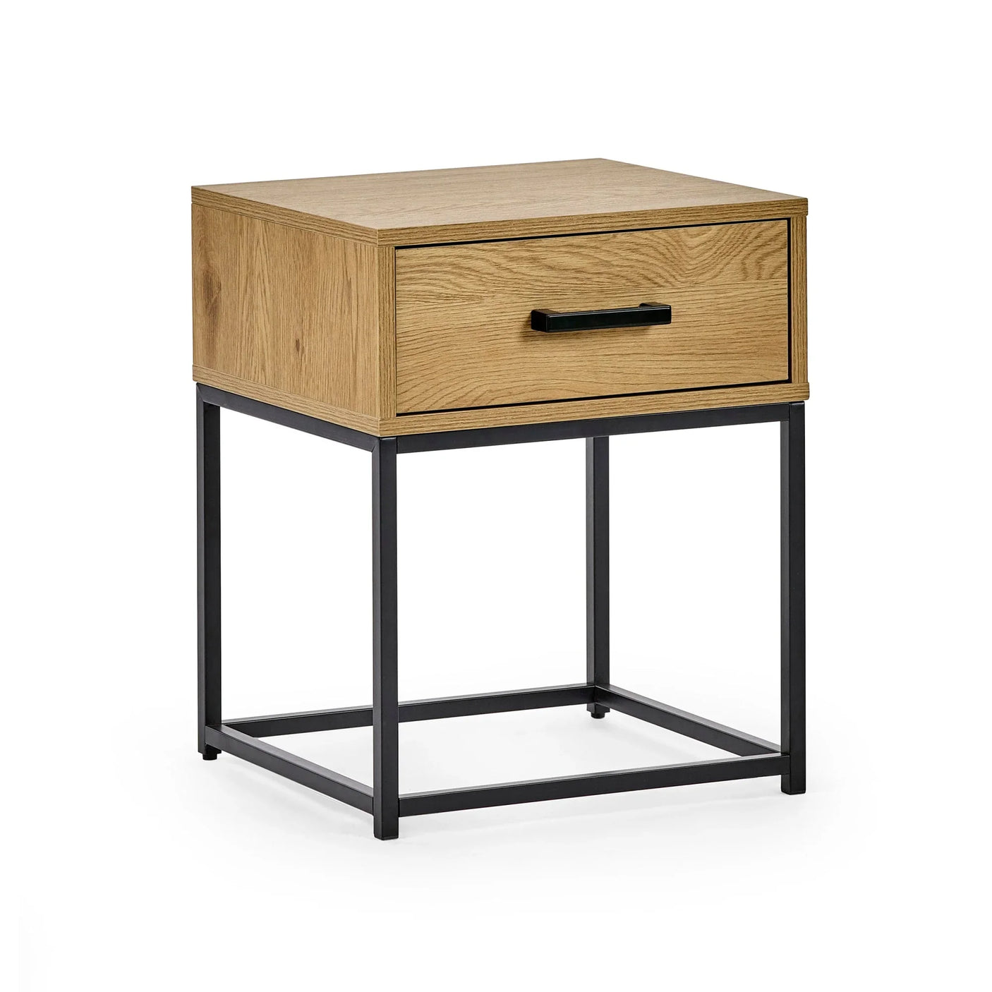 oak bedside table with metal frame and single drawer, front angled view