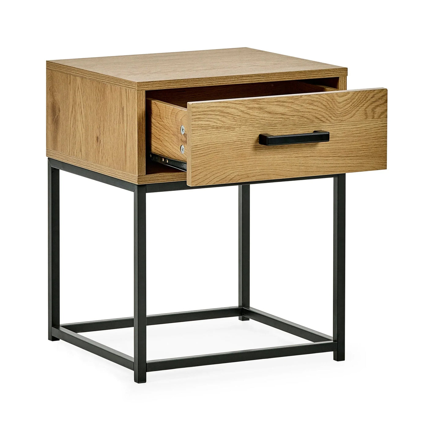 Oak bedside table with metal frame and open drawer