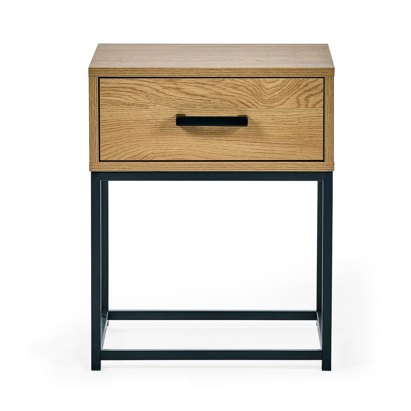 Oak bedside table with metal legs and single drawer, black handle, front view