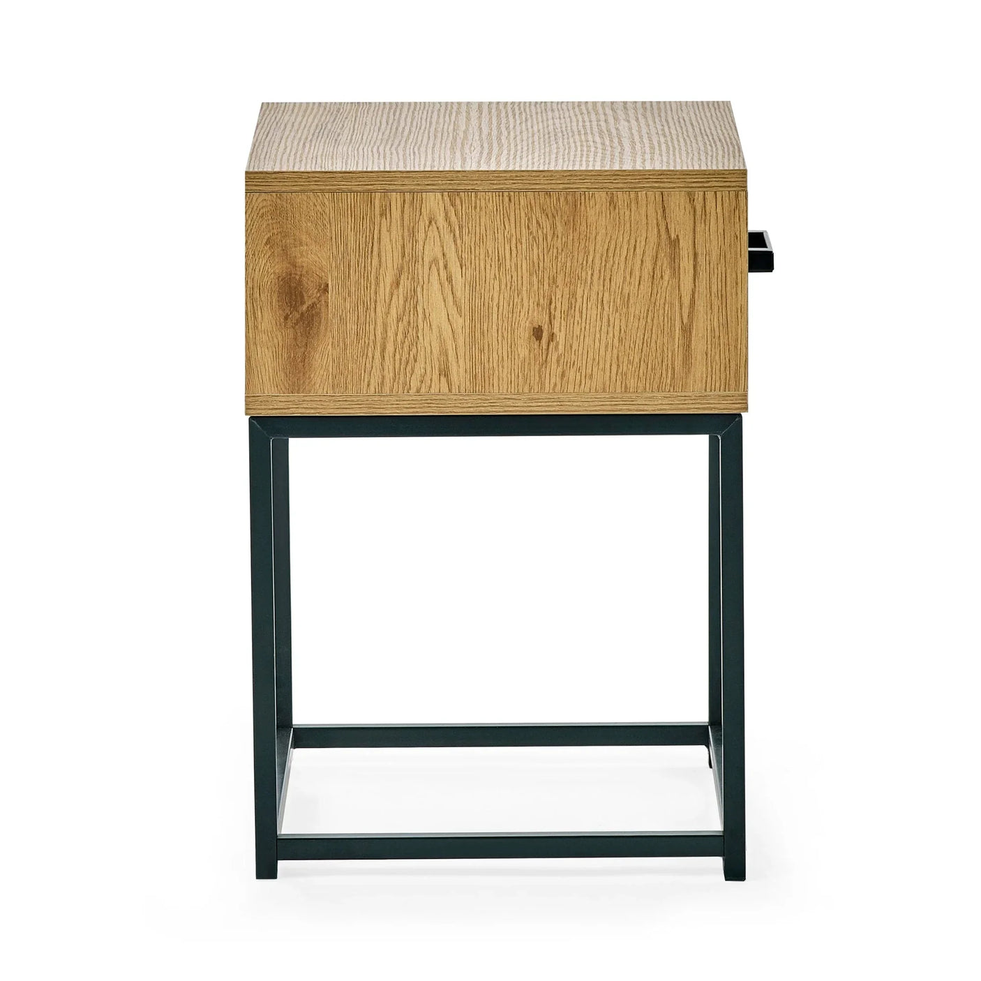 Oak bedside table with black metal legs and single drawer, front view