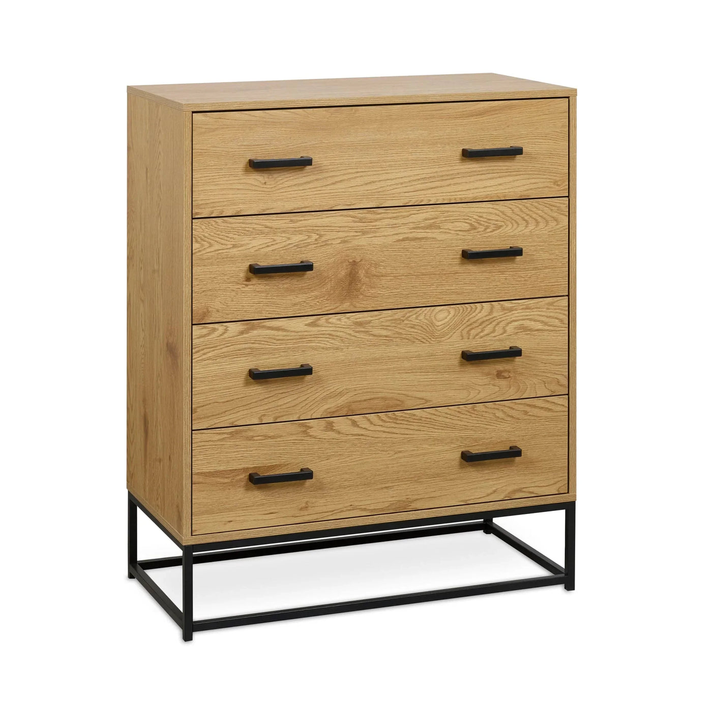 Oak chest of drawers with black metal handles and frame, modern bedroom furniture