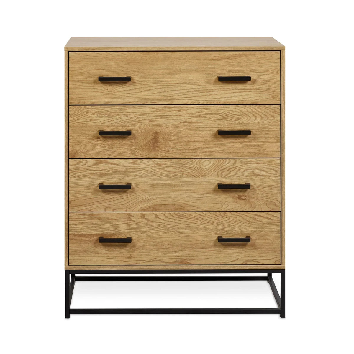 Oak chest of drawers with black metal handles and base, modern bedroom storage furniture