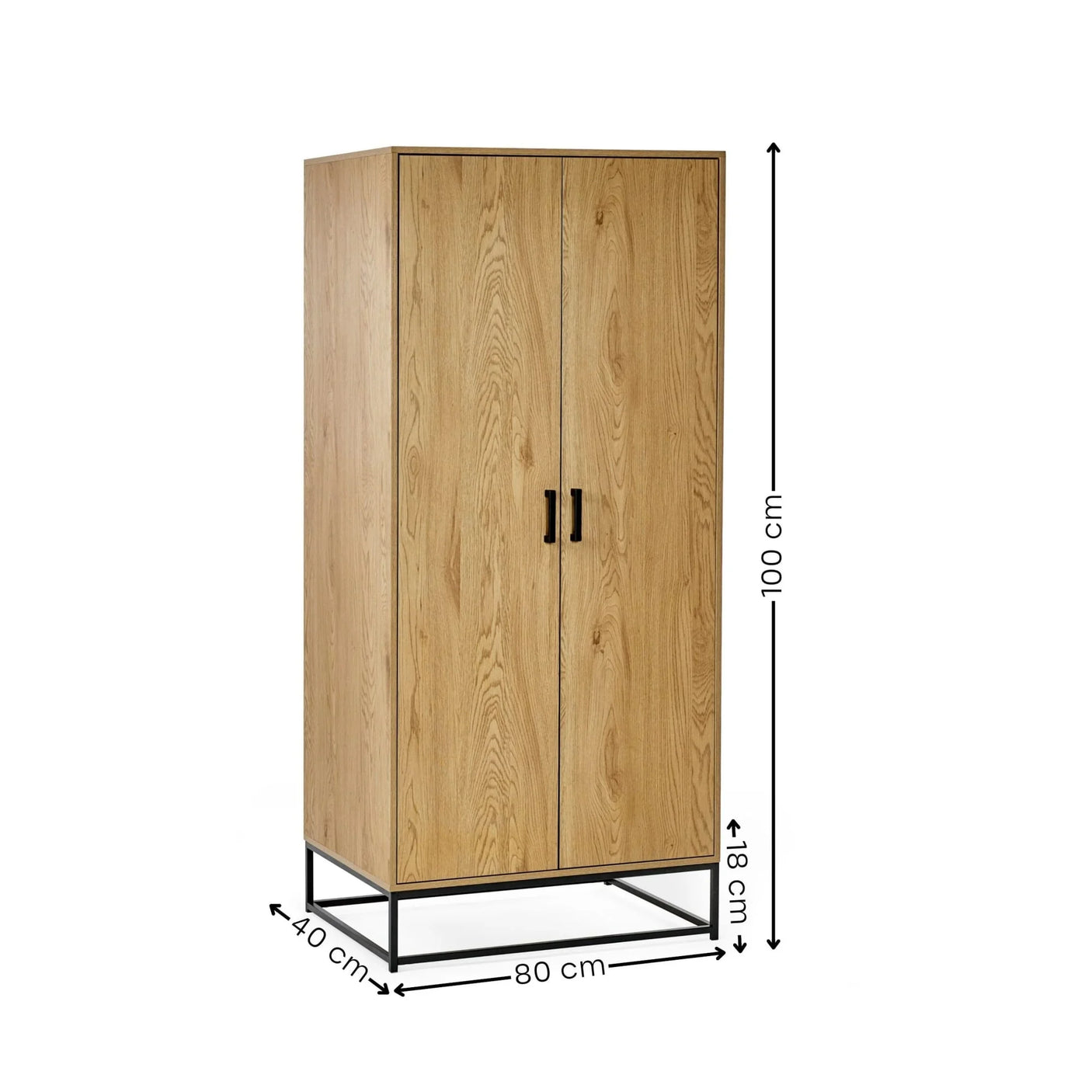 Oak wardrobe with black metal handles and frame, dimensions marked as 100x80x40 cm