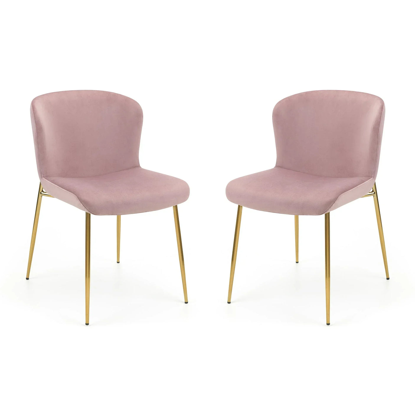 Set of two pink velvet dining chairs with gold metal legs on white background