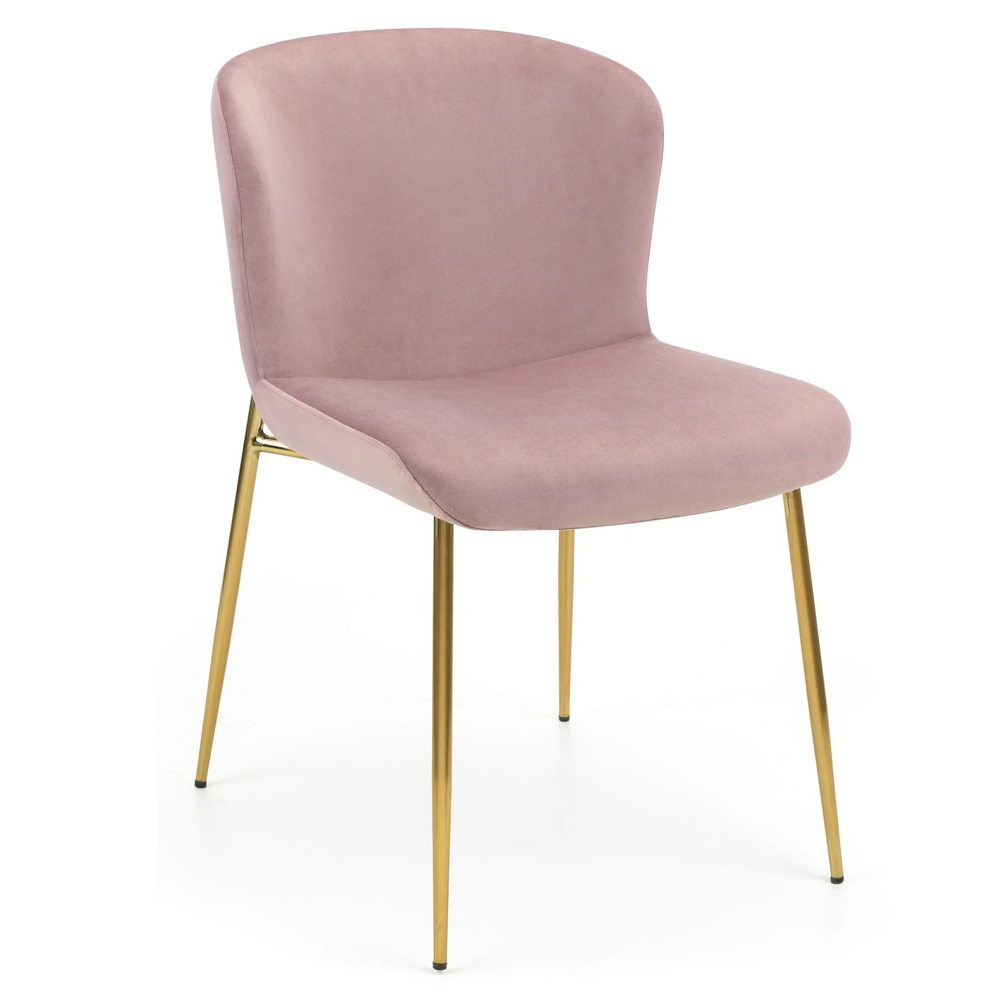 Pink velvet dining chair with gold metal legs on white background