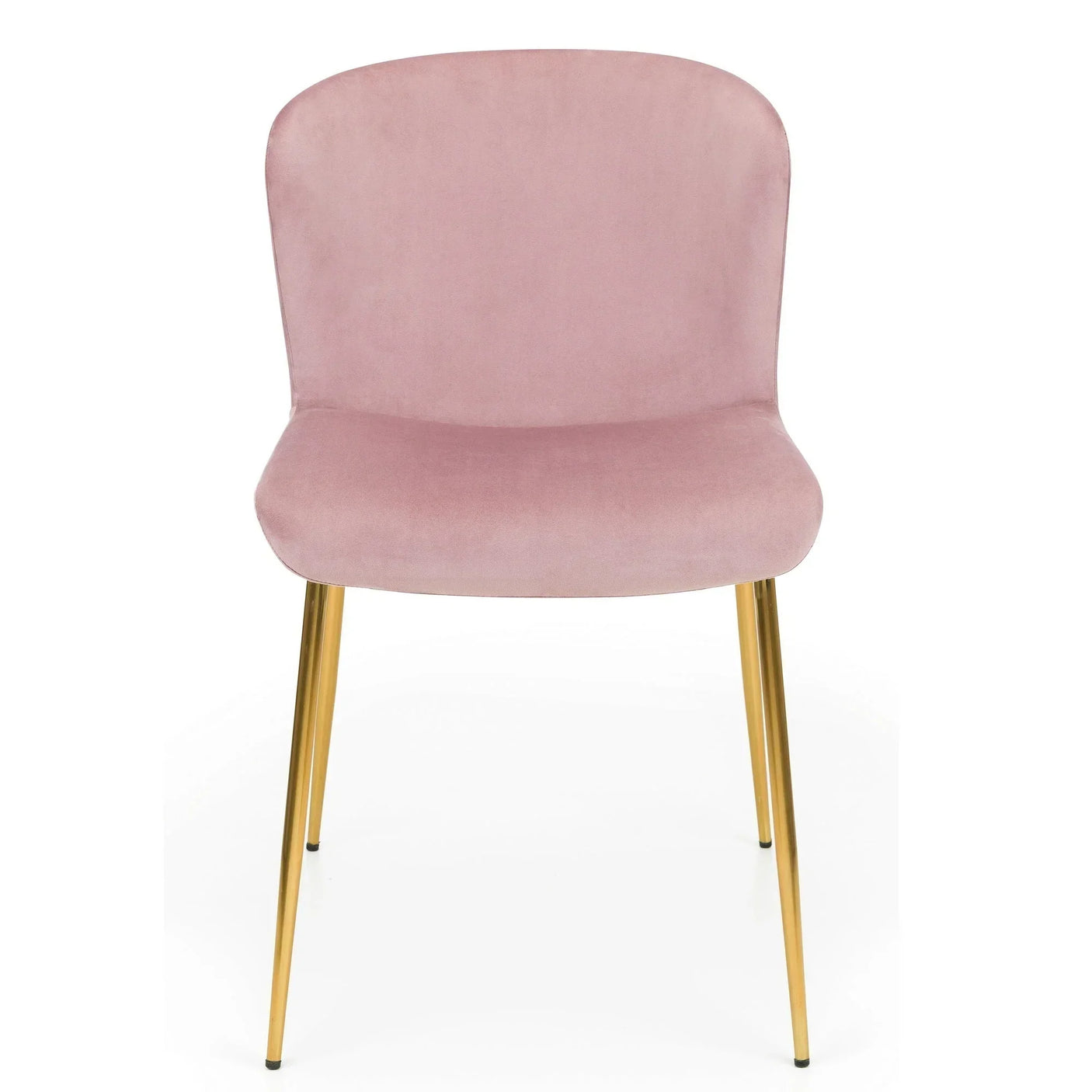 Blush pink velvet dining chair with curved backrest and gold metal legs, front view