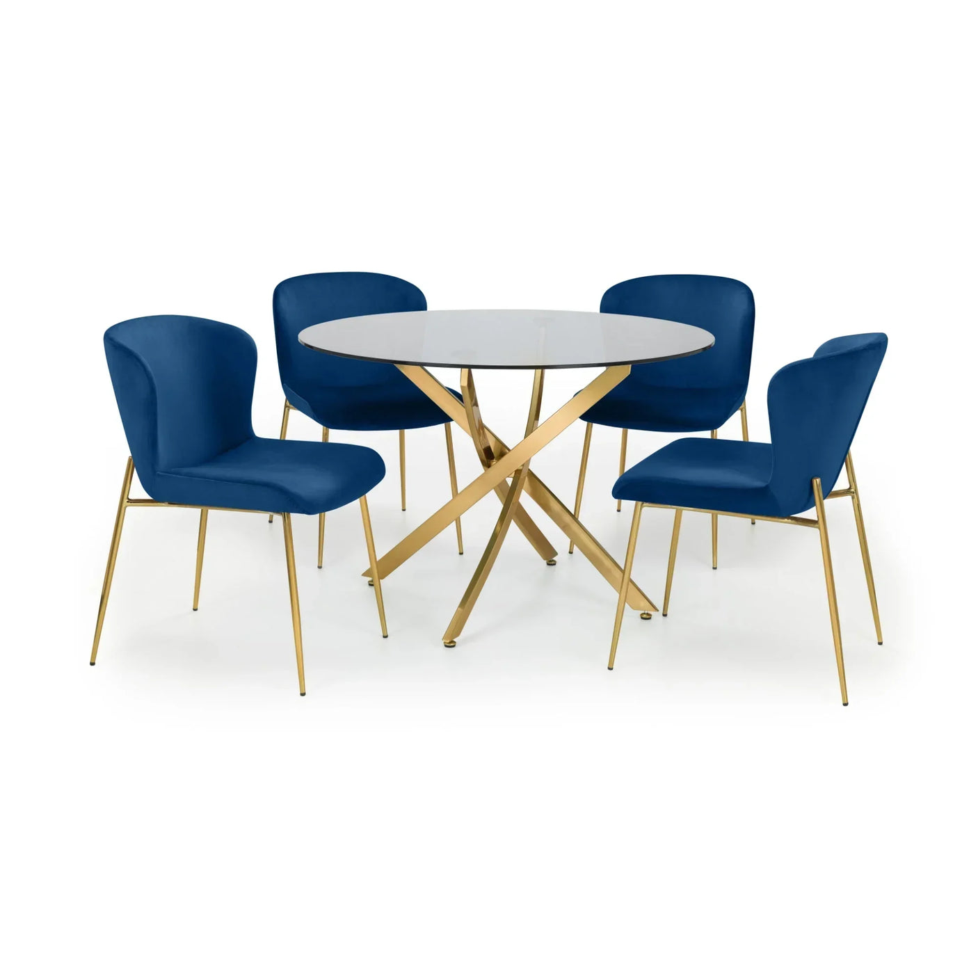 Blue velvet dining chairs with gold legs and round glass table set