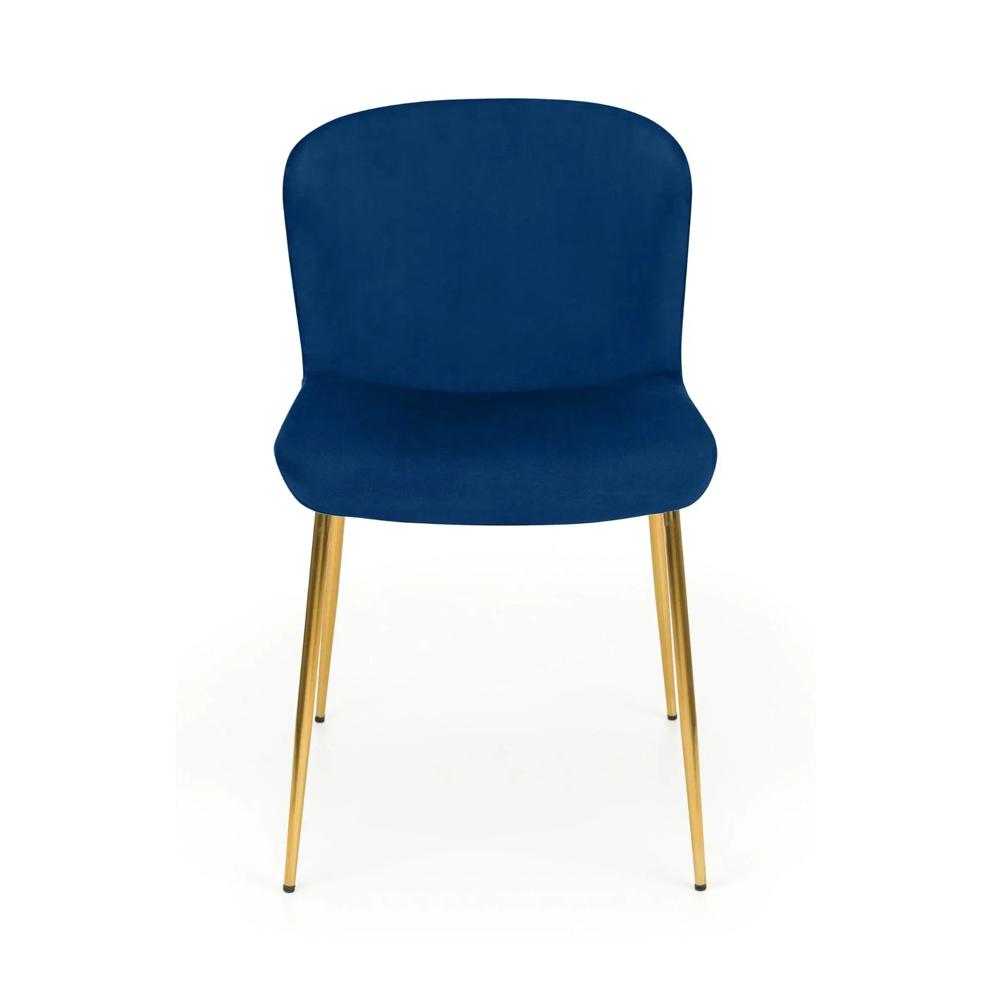 Blue accent chair with curved backrest and gold metal legs, front view