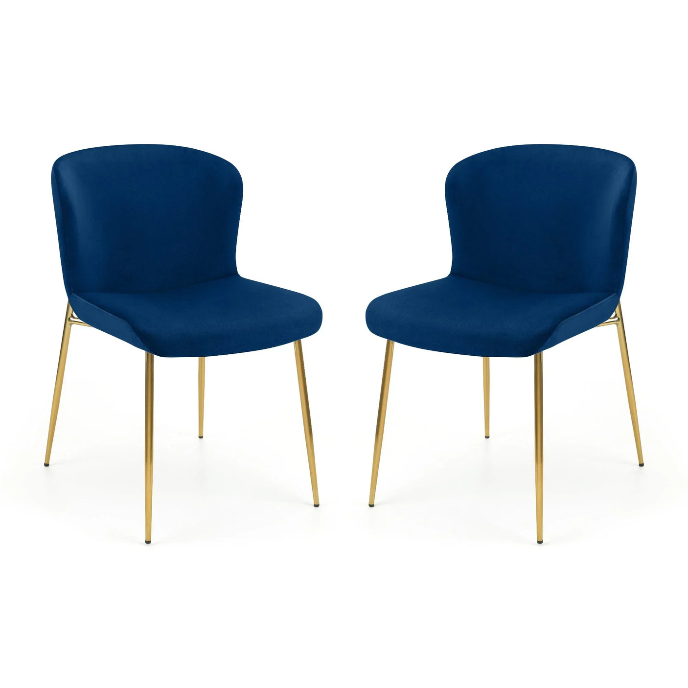 Set of two blue dining chairs with gold metal legs on white background