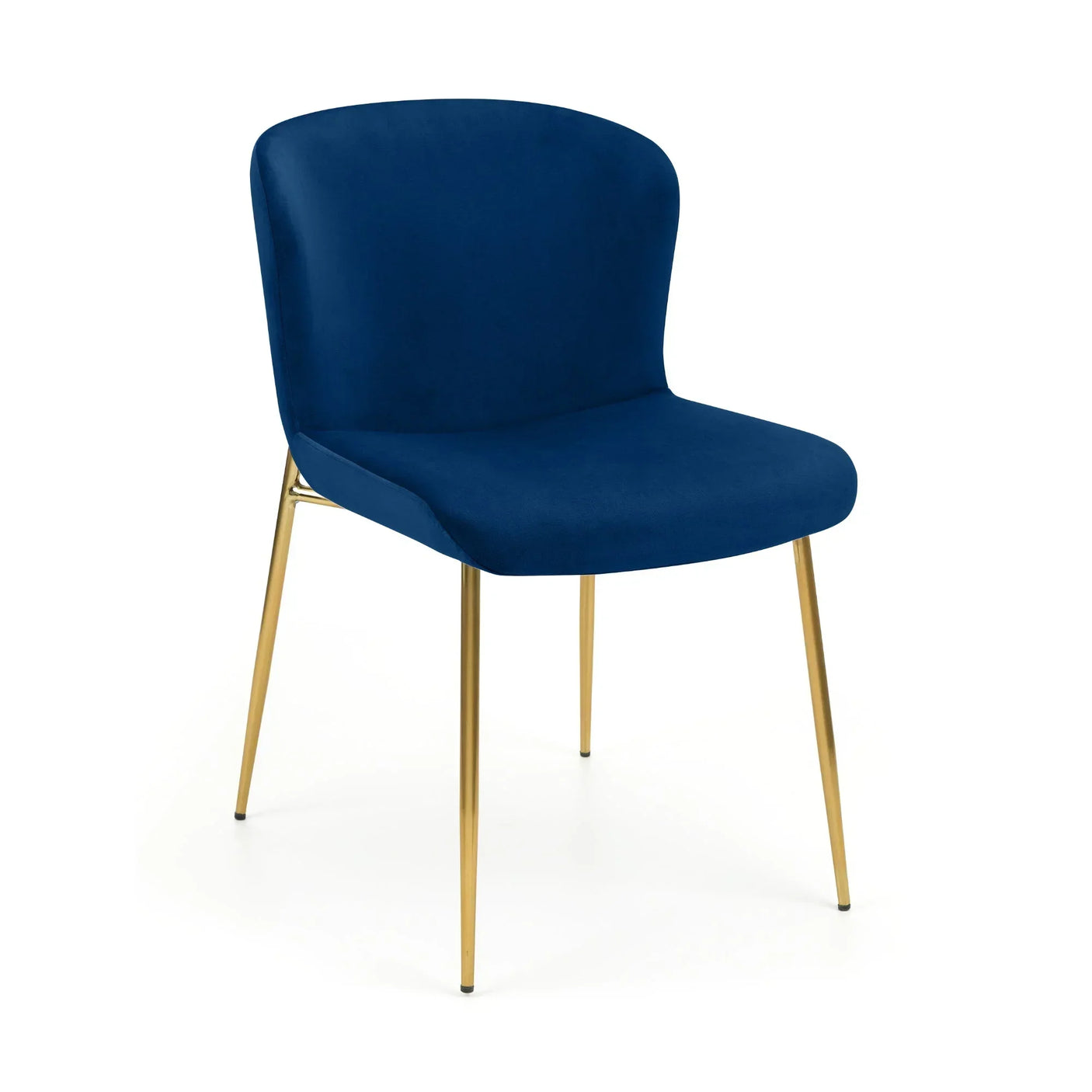 Blue velvet chair with gold metal legs on white background