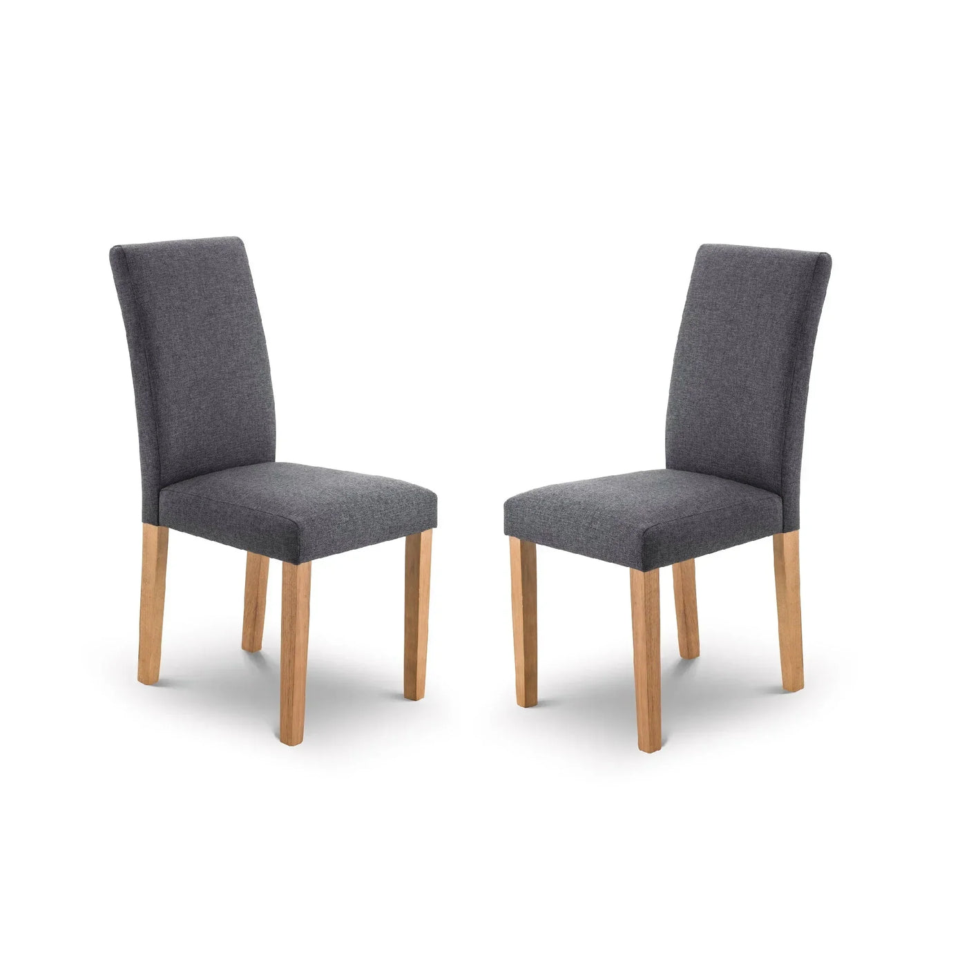Pair of grey fabric dining chairs with light wooden legs on white background