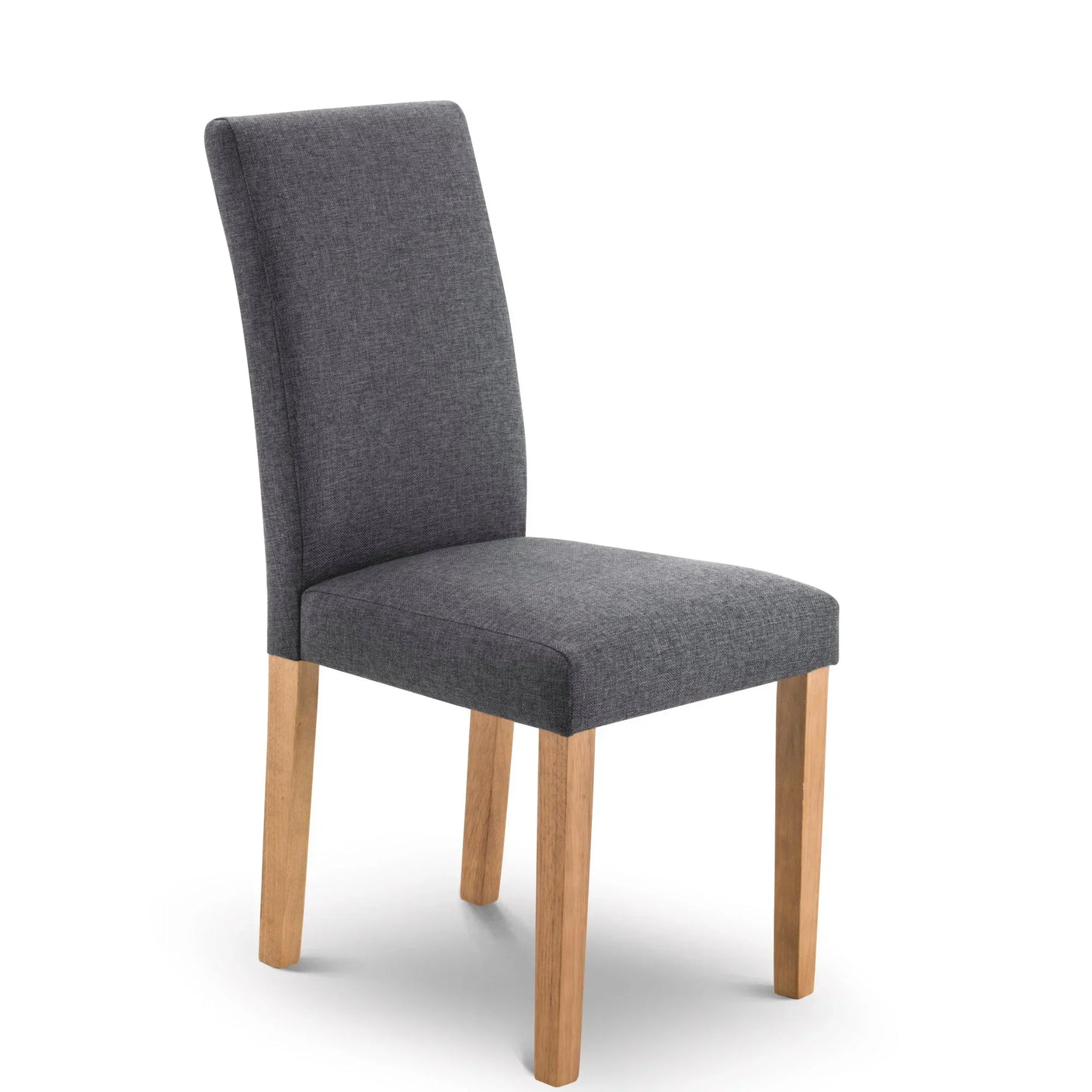 Grey fabric dining chair with high back and oak legs, angled view