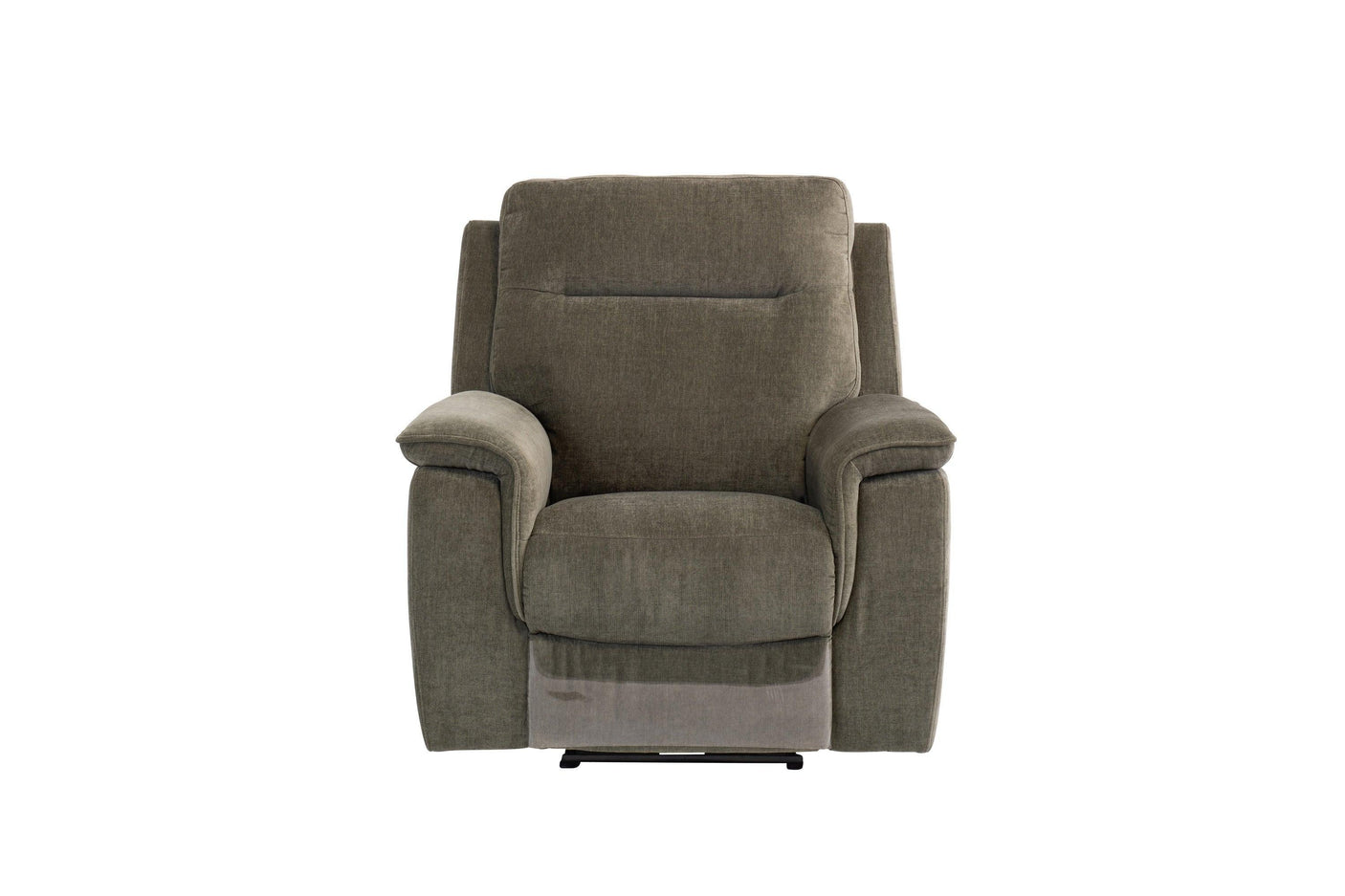 Green fabric recliner armchair with padded seat and wide armrests, front view