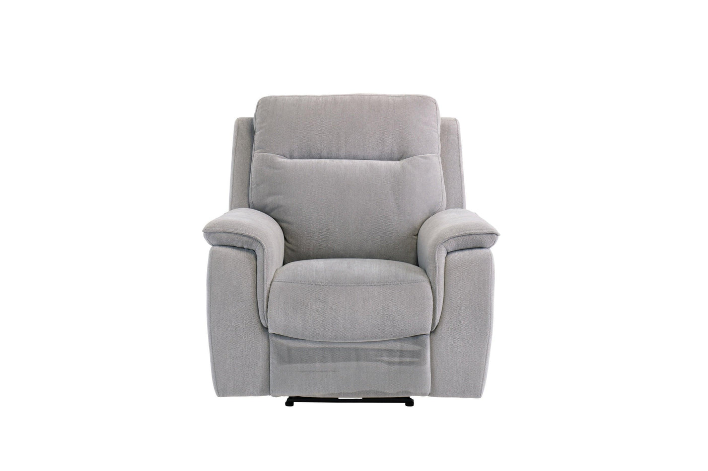 Silver grey fabric recliner armchair with padded seat and arms, front view