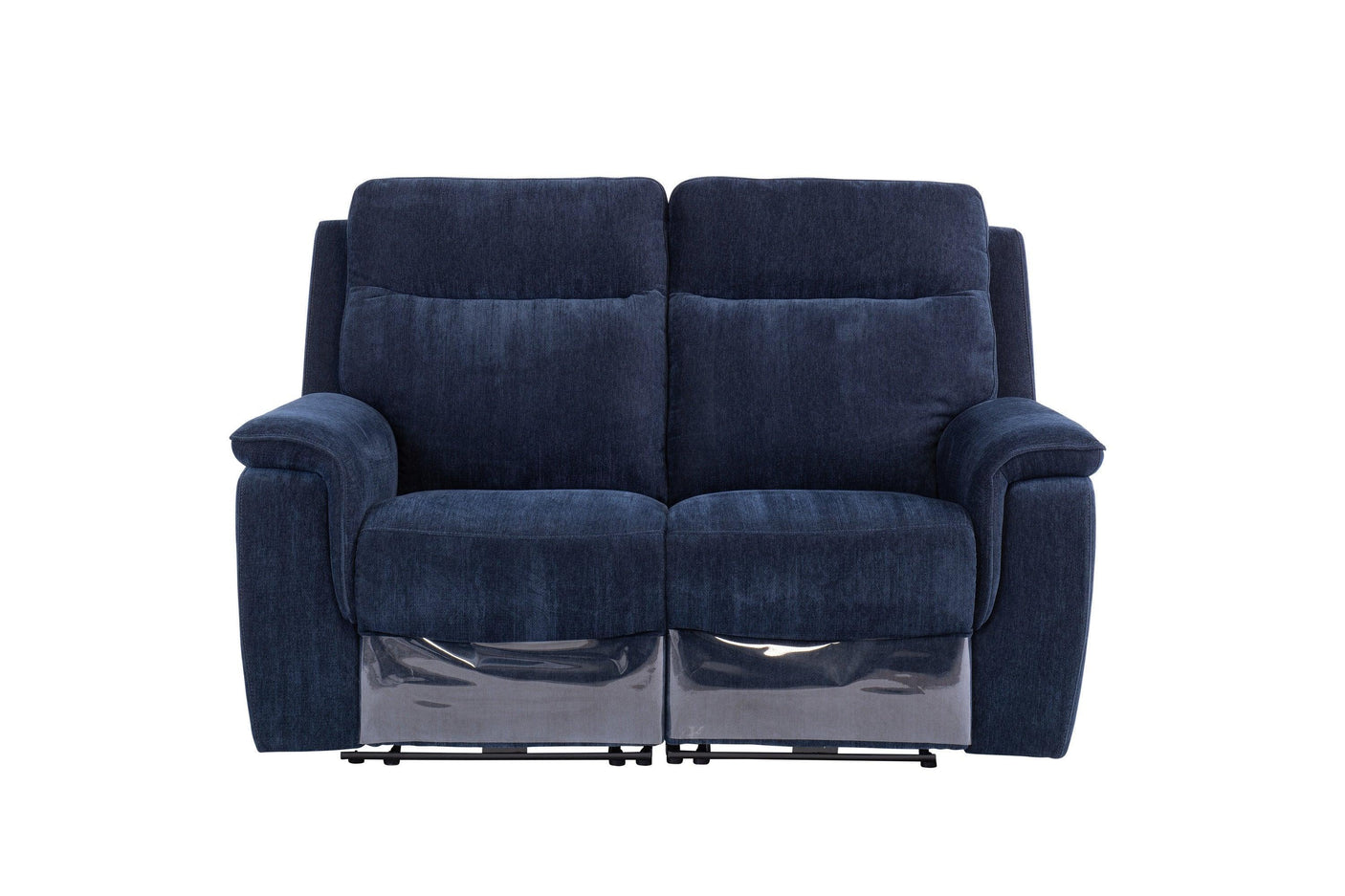 Blue fabric two seater recliner sofa with padded armrests, front view on white background