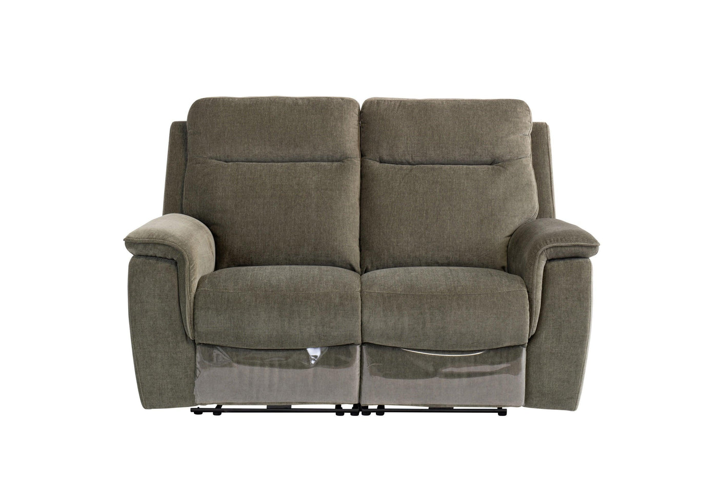 Green fabric recliner sofa with padded armrests, shown from the front