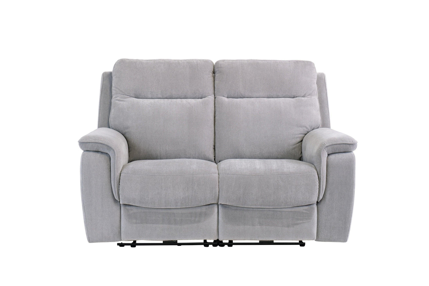 Silver grey fabric two-seater sofa with cushioned armrests and high back, front view