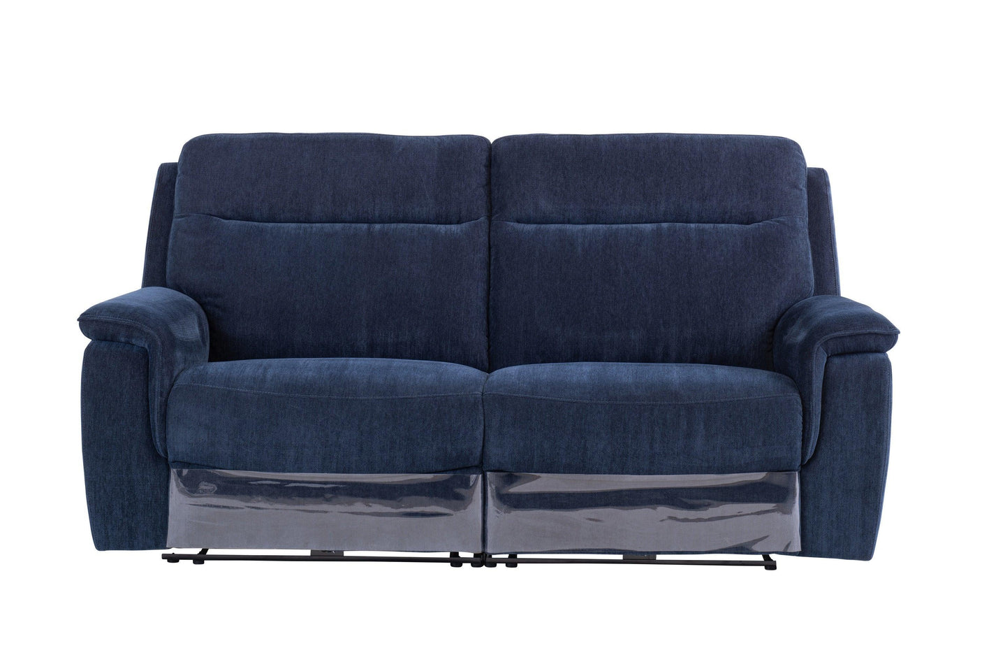 Blue fabric reclining sofa with plush cushions and padded armrests, front view