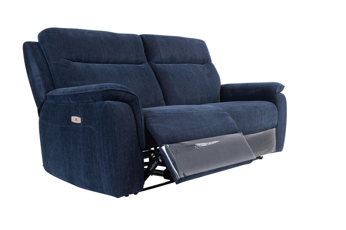 Blue fabric recliner sofa with extended footrest and padded armrests, angled front view
