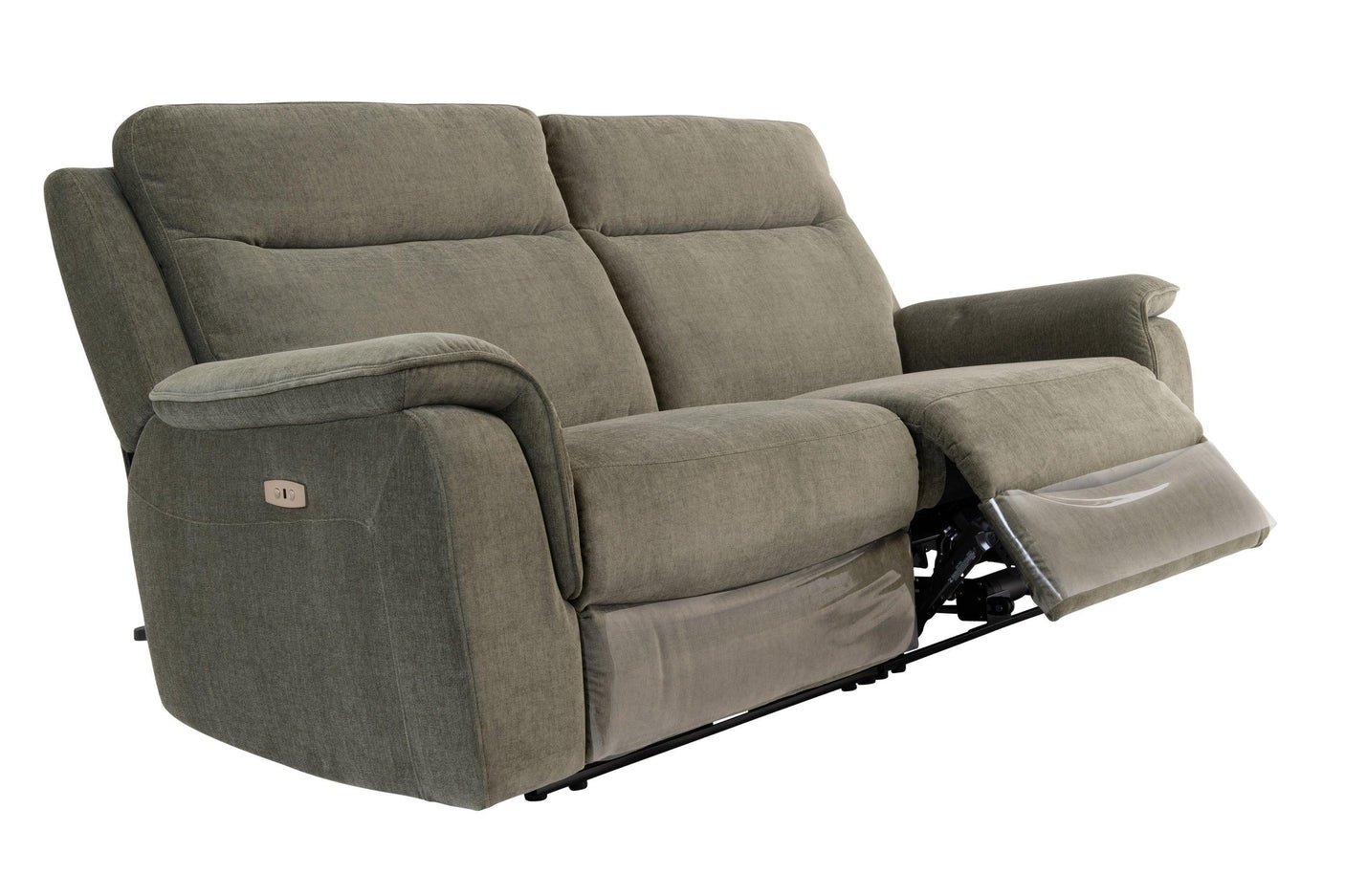 Green fabric reclining sofa with padded armrests and extended footrest, side control visible