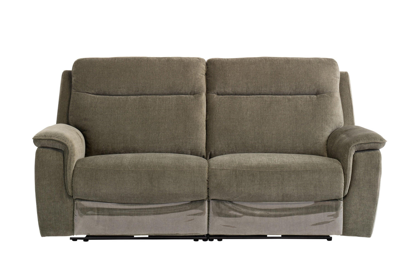 Green fabric two seater sofa with padded arms and backrest, front view