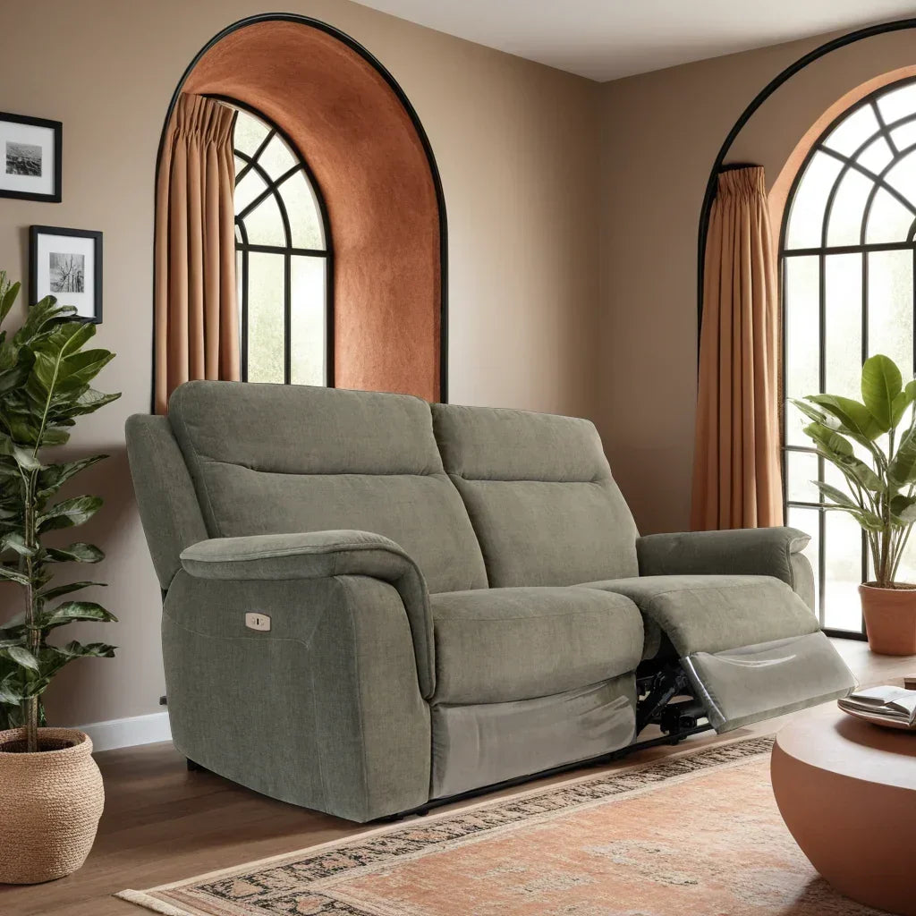 Green fabric reclining sofa in modern living room with arched windows and indoor plants