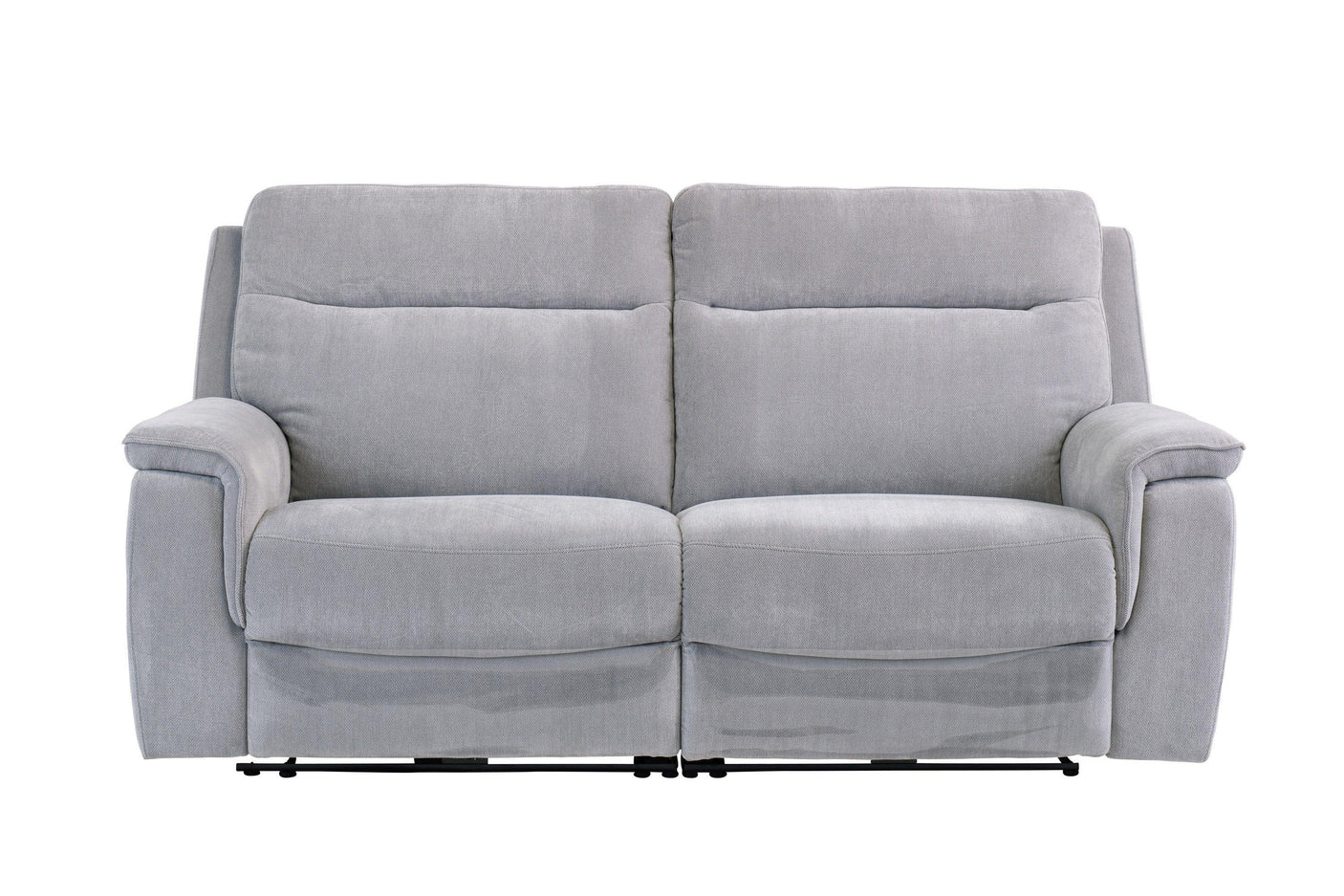 Silver grey fabric two seater reclining sofa with padded armrests and backrest, front view